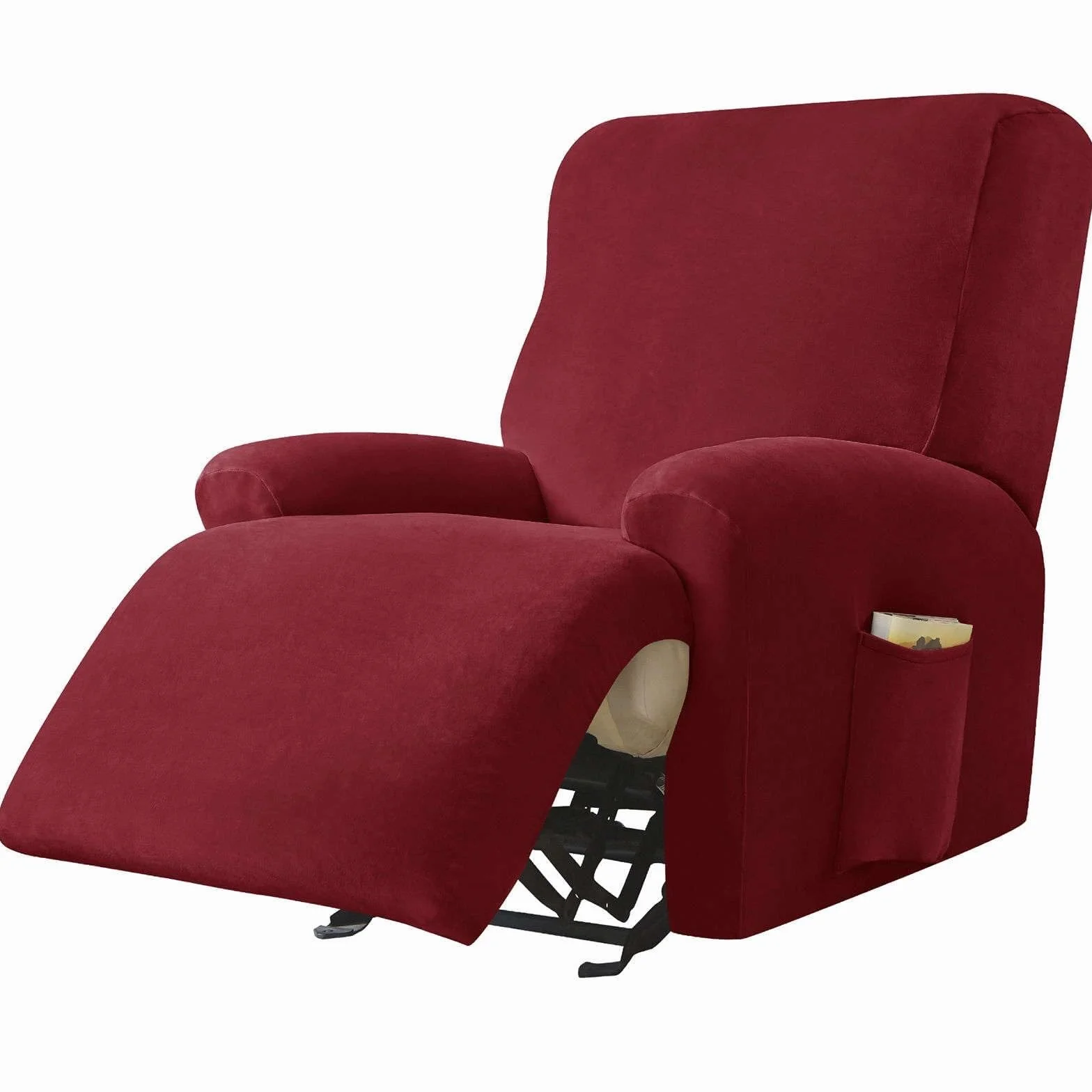 Housse de Fauteuil inclinable Velours Extensible 4 pièces Protection antidérapante Poche latérale Wine Red