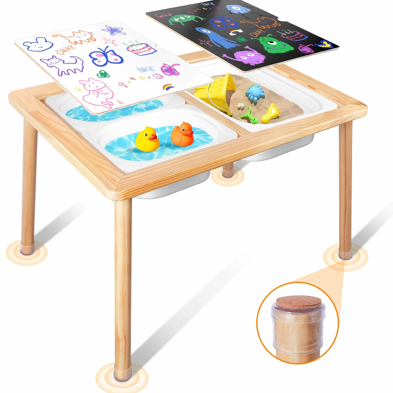 TERRAMUS Table pour Enfants, Table Sensorielle en Bois avec 3 Bacs de Rangement, Table d'eau et de Sable avec Couvercles Intérieure et Extérieure, Table d'activités pour Apprendre, Manger, Jouer
