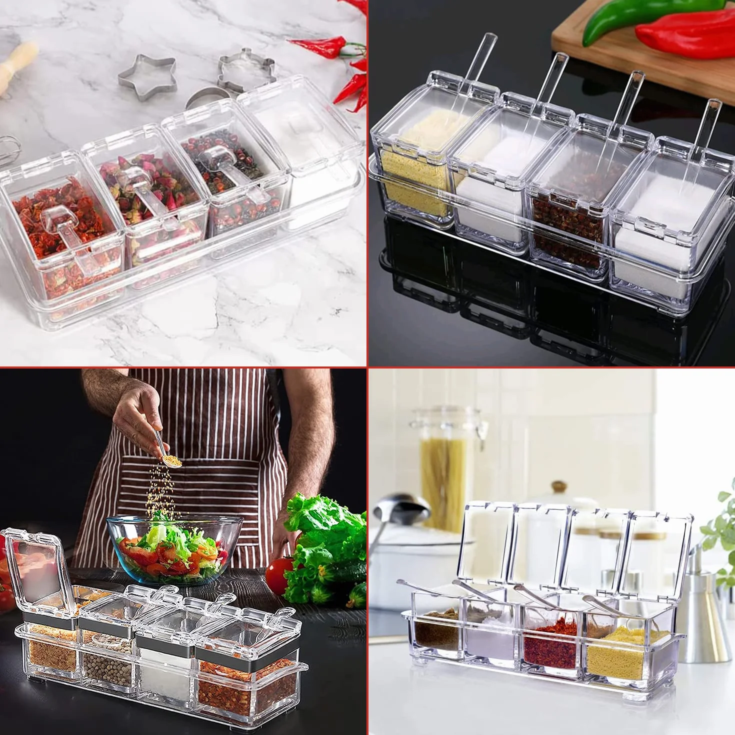 Plastique Boite a Epices Cuisine avec Cuillere 4 en 1 pour Camping Rangement de Condiments