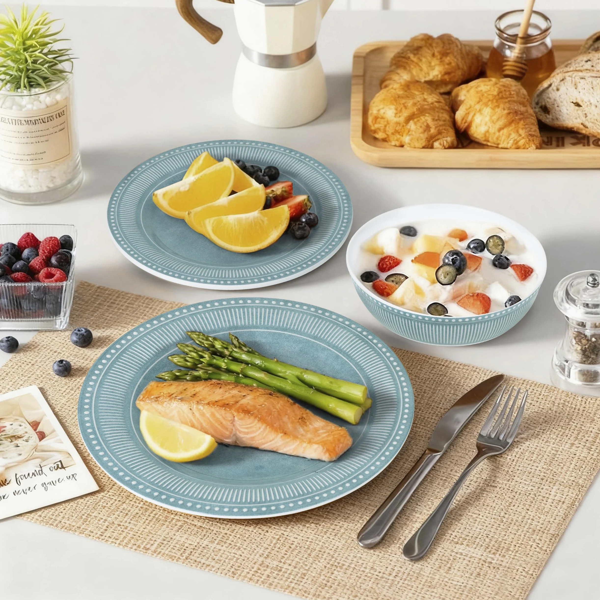 AELS Lot de 12 assiettes et bols en mélamine pour 4 personnes, lavables au lave-vaisselle, légers, incassables, sans BPA, vert