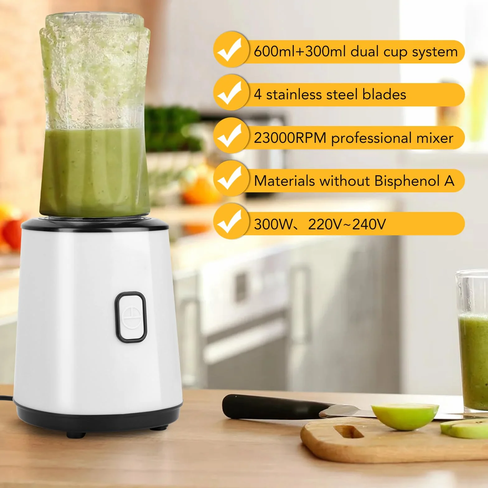 Mini Blender Portable Sans BPA 23000 tr/min 300 W Bouteille Double Paroi 600 ml 400 ml