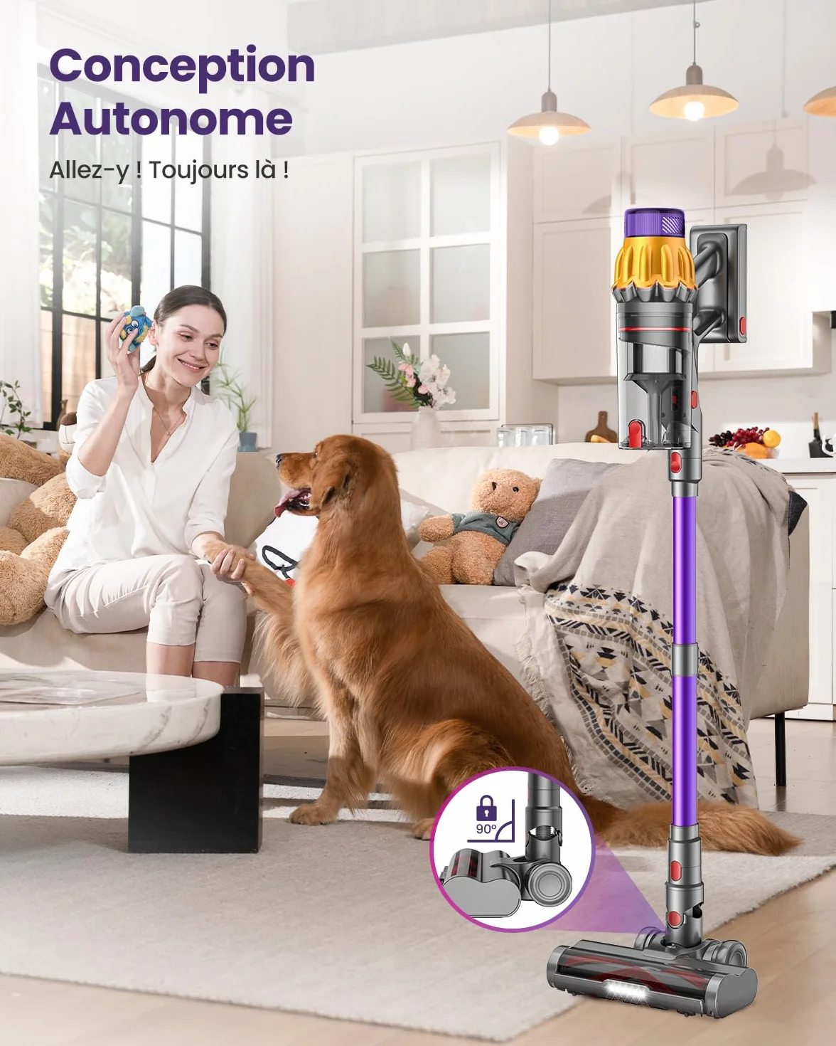Aspirateur Balai Sans Fil 150Min 55KPA 600W 2 Batteries Brosse Anti-Enchevêtrement Support Mural Rechargeable Écran LED pour Poils d'Animaux Tapis Sols Durs