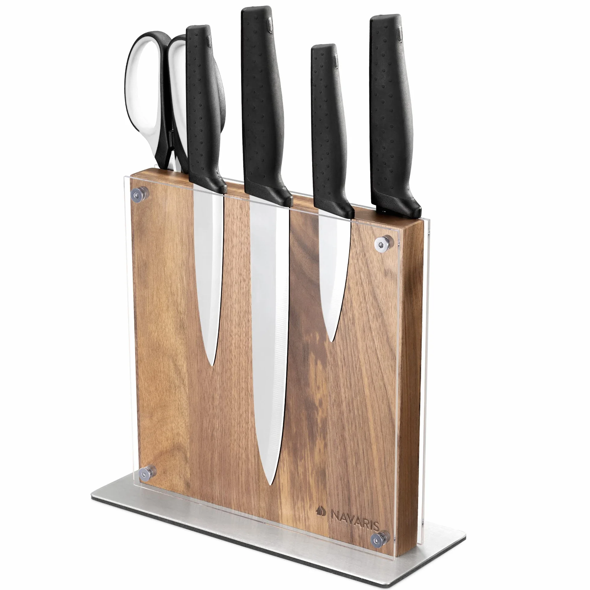 Navaris Bloc à Couteaux Magnétique Double Face en Bois d'Acacia avec Plaque Protection Acrylique