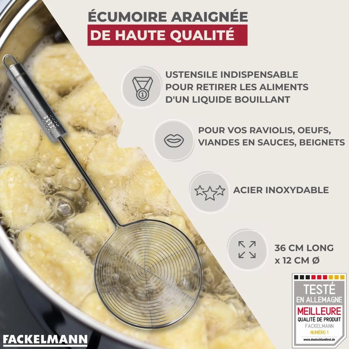 Fackelmann Écumoire araignée en inox 36 cm, Acier Inoxydable Argenté