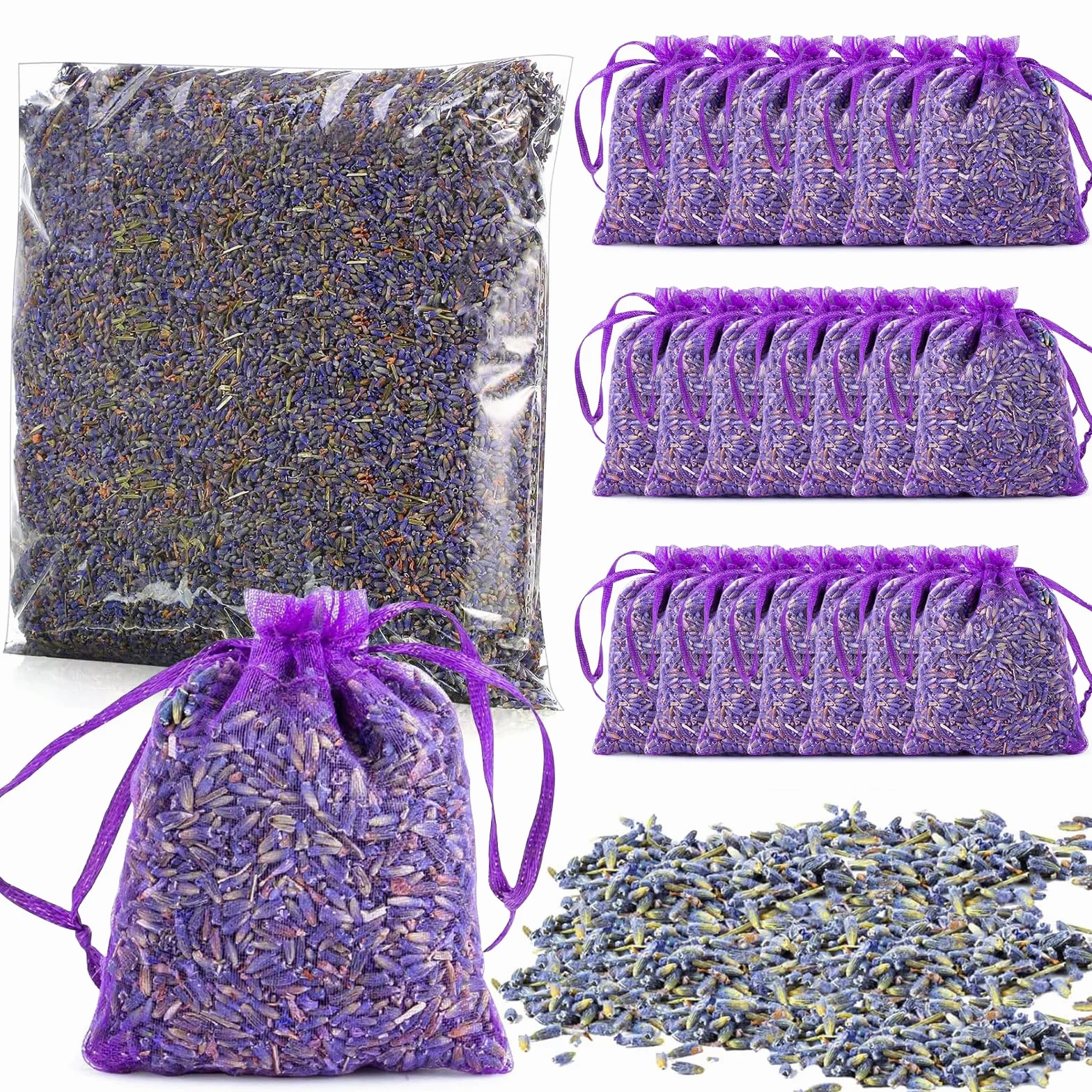 Lavande Séchée 120g + 20 Sachets en Organza, Sachet Parfumé Anti Mites pour Voiture et Placard