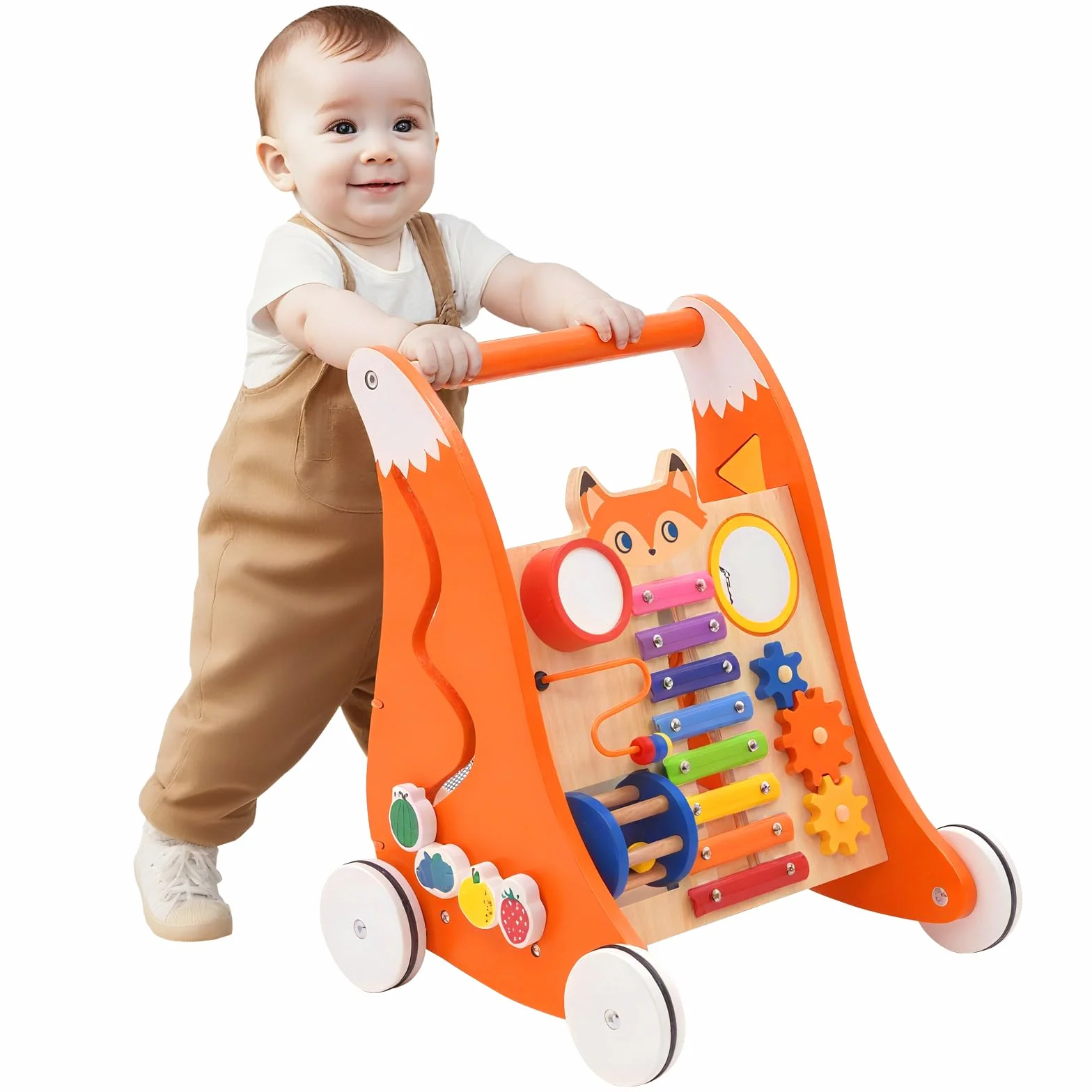 Chariot de Marche en Bois Trotteur Bébé avec Musique et Trieur de Formes Jouet Montessori