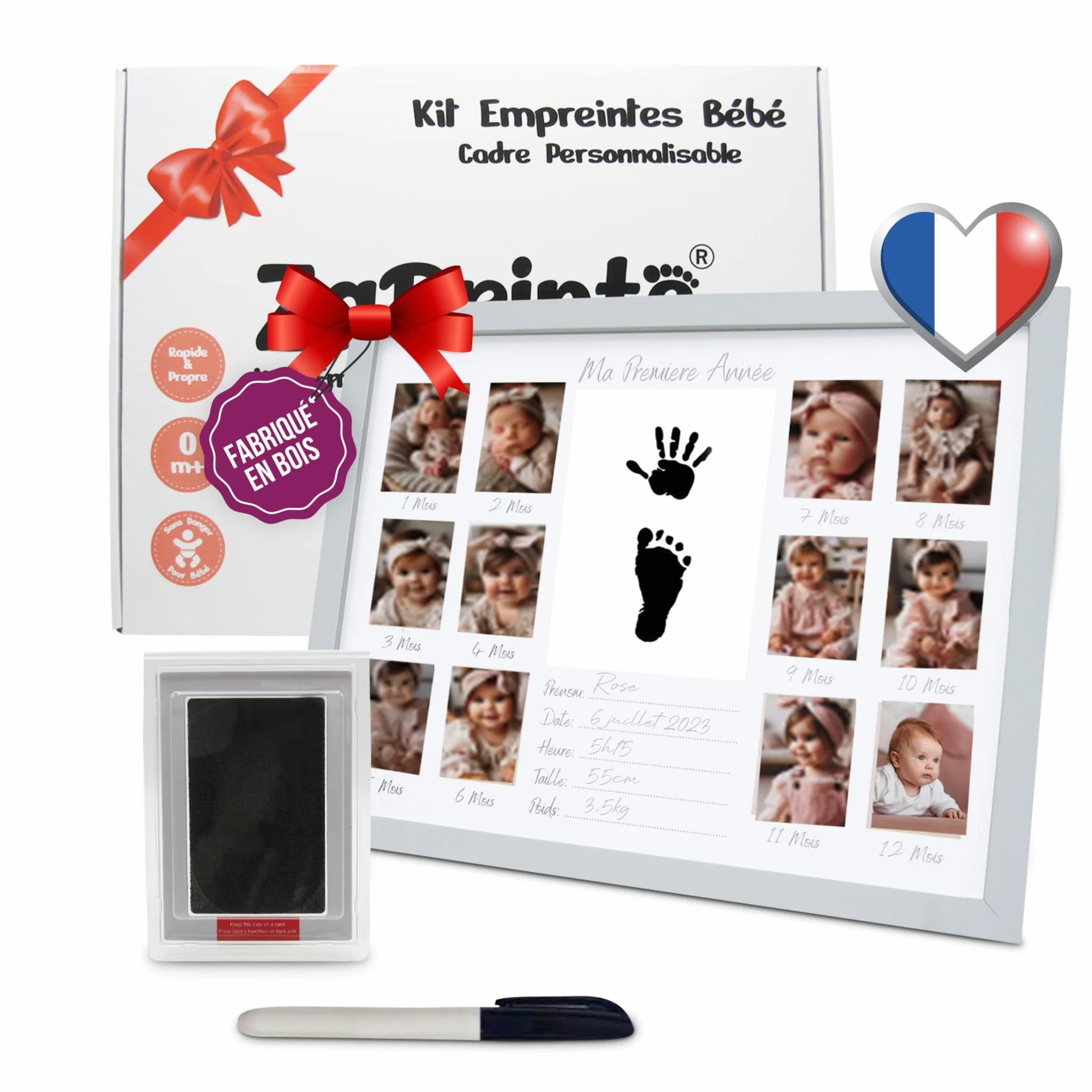 Cadre Photo Souvenir Première Année Bébé 12 Photos Pêle Mêle Kit Empreinte Bébé Cadeau Naissance Personnalisé