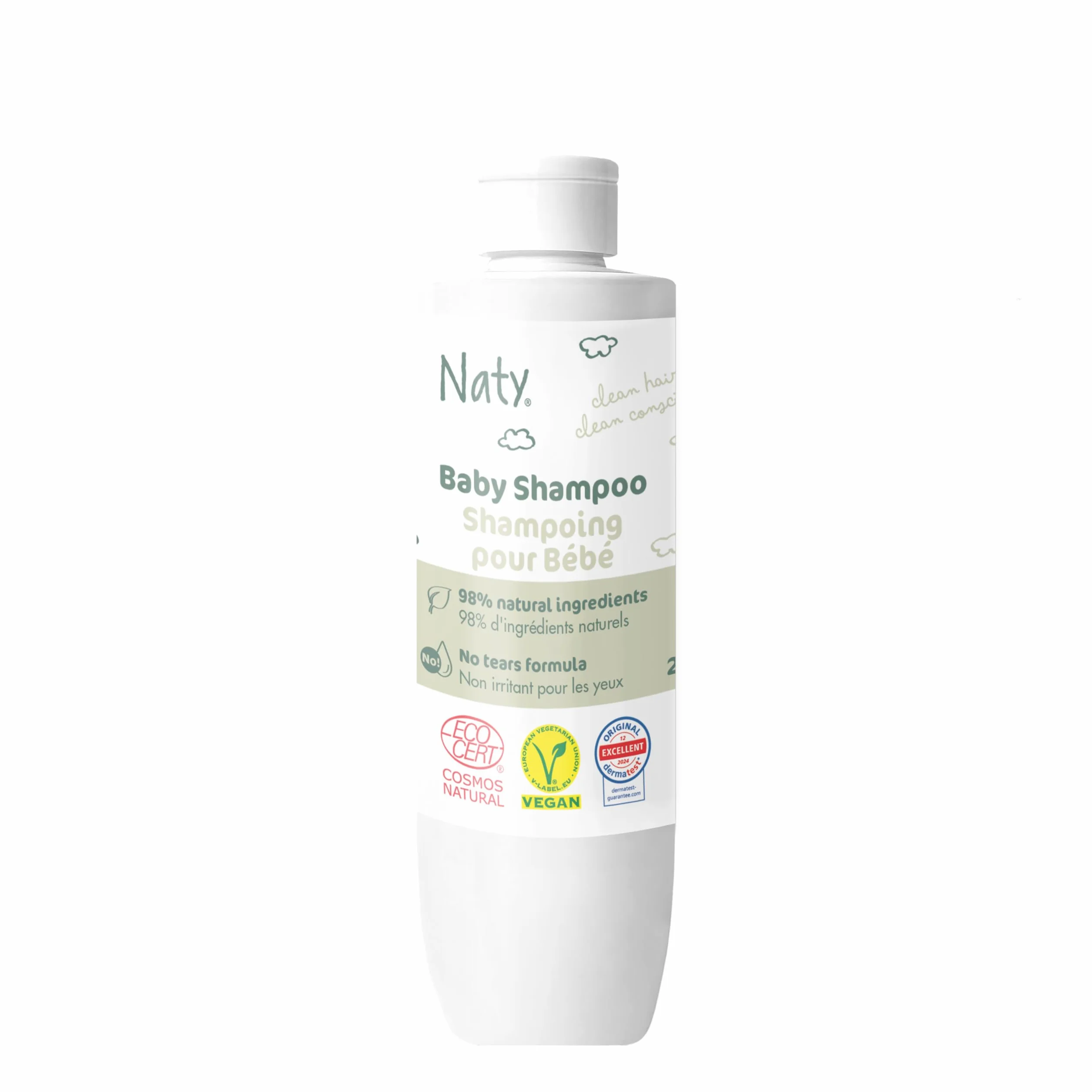 Naty Shampoing Bébé 240 ml – Non irritant pour les yeux, Vegan, Sans Parfum, COSMOS Natural, Cuir Chevelu Sensible