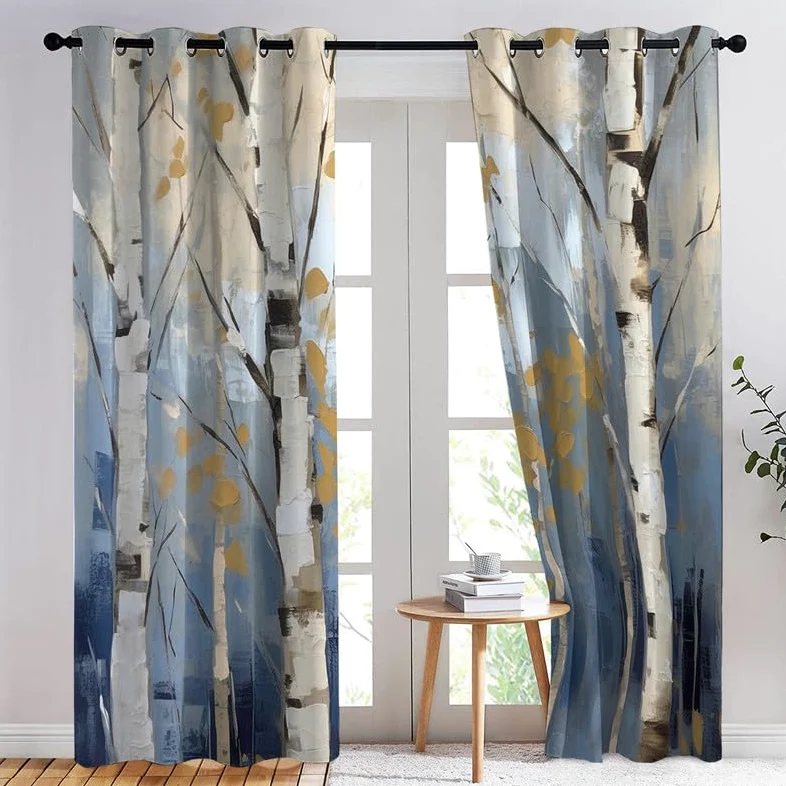 Rideau Occultant Bouleau, Rideau Isolant Thermique pour Salon Chambre, Rideaux Motif Arbre, Rideau Opaque à Oeillets, Lot de 2 Rideaux et Draperies Intérieurs 140x240 cm (LxH)