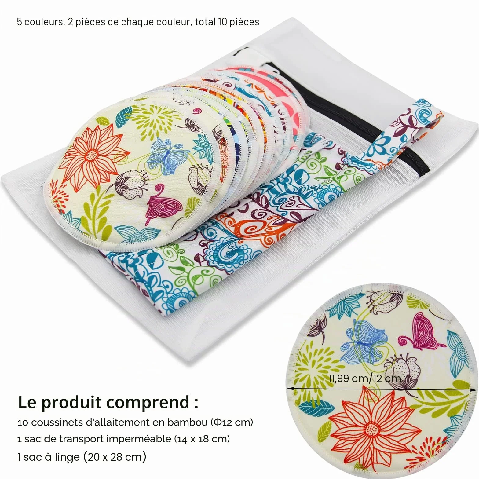 Coussinets d'allaitement en Bambou Bio Taille L 12cm – 10 lavables + Sac Humide + Sac de Lavage