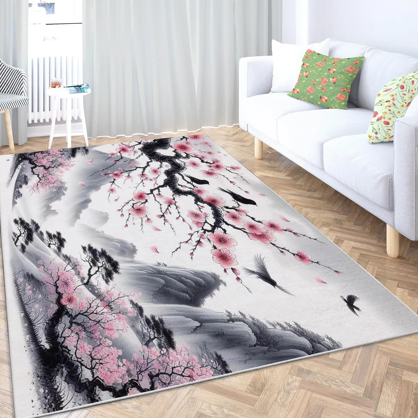 Tapis de salon japonais, 3D fleurs de cerisier - 140 x 200 cm - Lavable et antidérapant - Pour chambre d'enfant - Décoration de chambre à coucher - Tapis antidérapant - L990