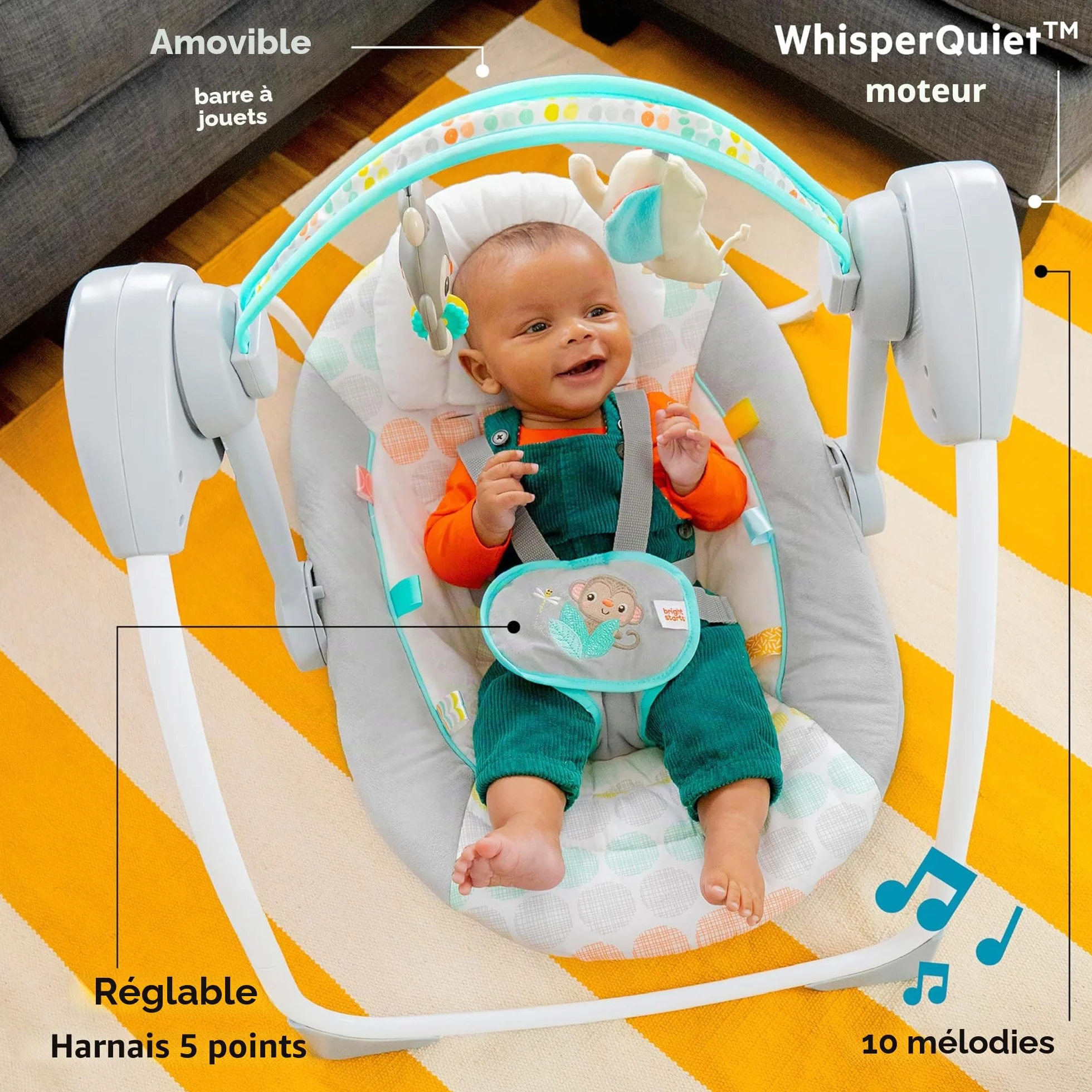 Bright Starts Balancelle Compacte Whimsical Wild 6 vitesses balancement arche jeu amovible 2 jouets interactifs multicolore naissance 9 kg