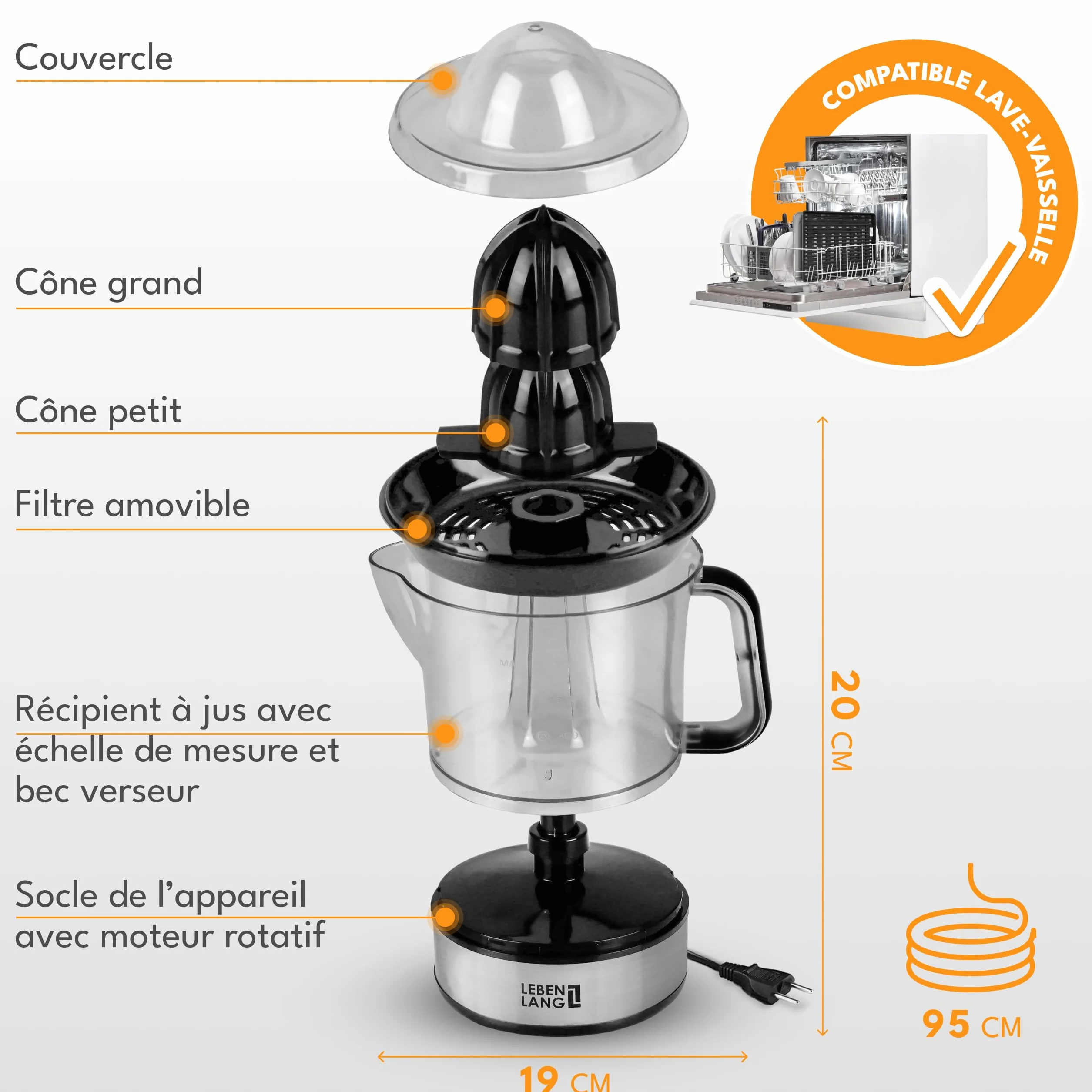 Presse agrume électrique LEBENLANG 2 cônes sans BPA 700ml presse agrumes électriques automatique