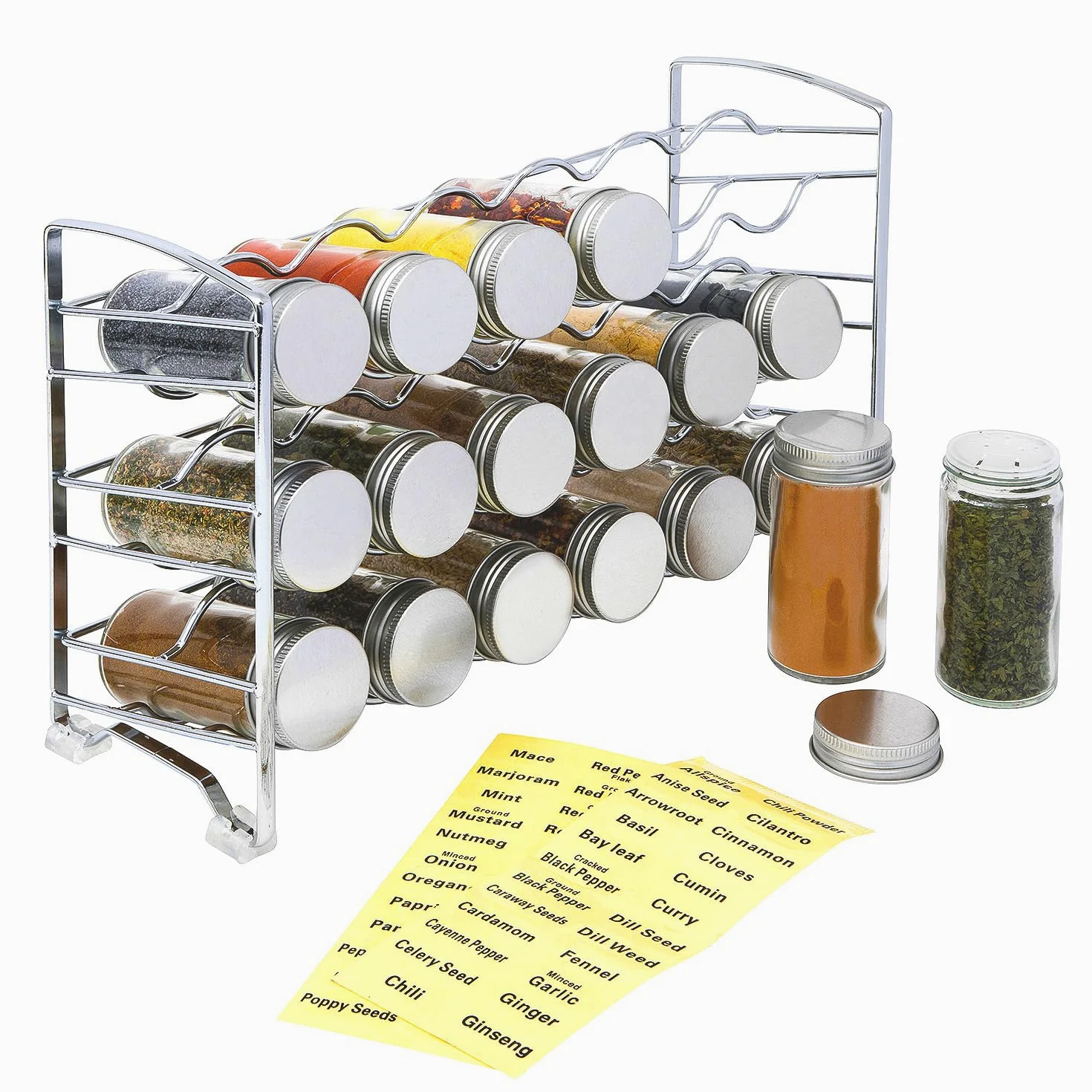 Amtido-Rack avec 18 flacons à épices, 48 étiquettes à épices, chrome