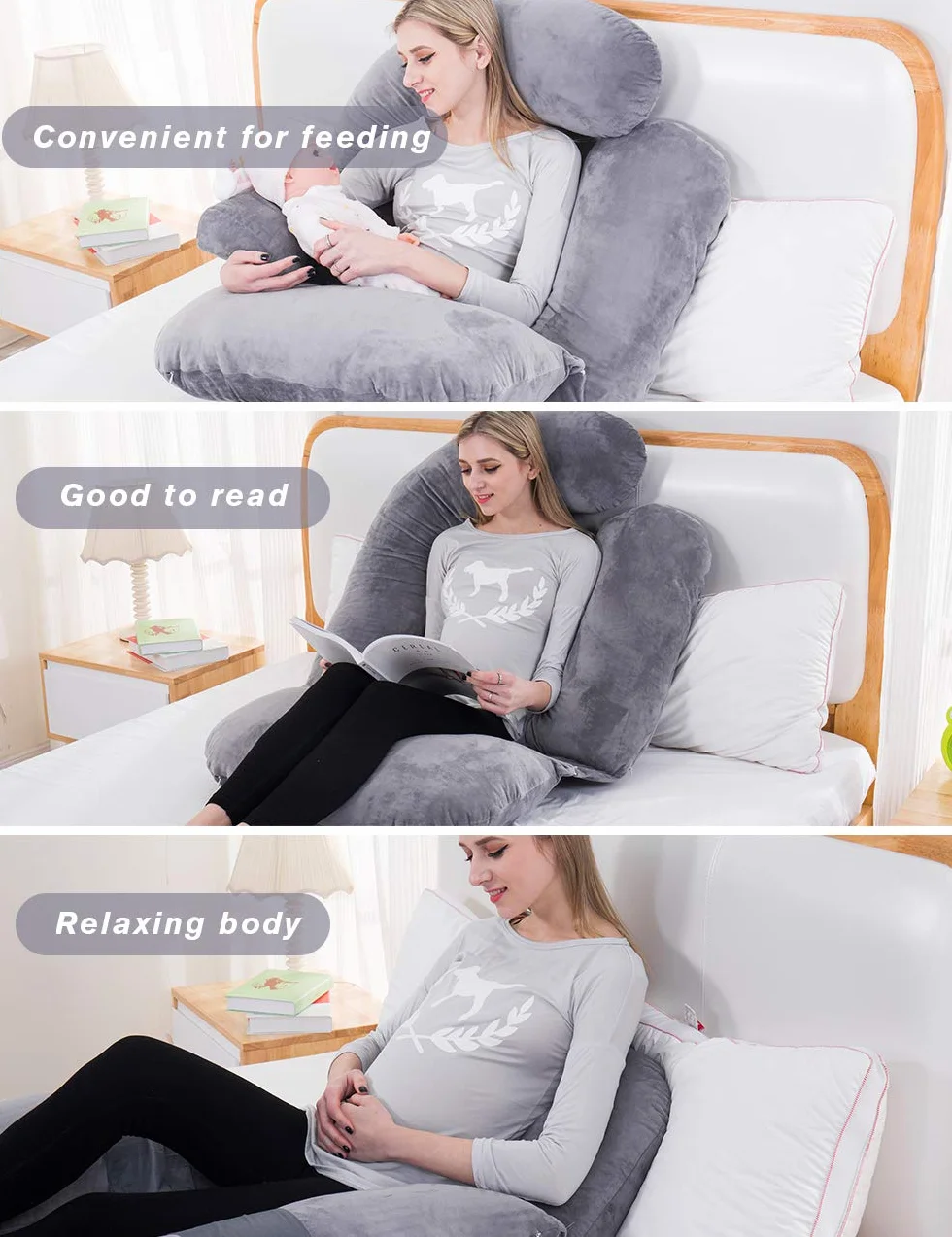 Awesling Oreiller Corps Complet Allaitement Maternité Grossesse Extra Large Forme U Côté Amovible Coussin Soutien Housse Amovible Gris