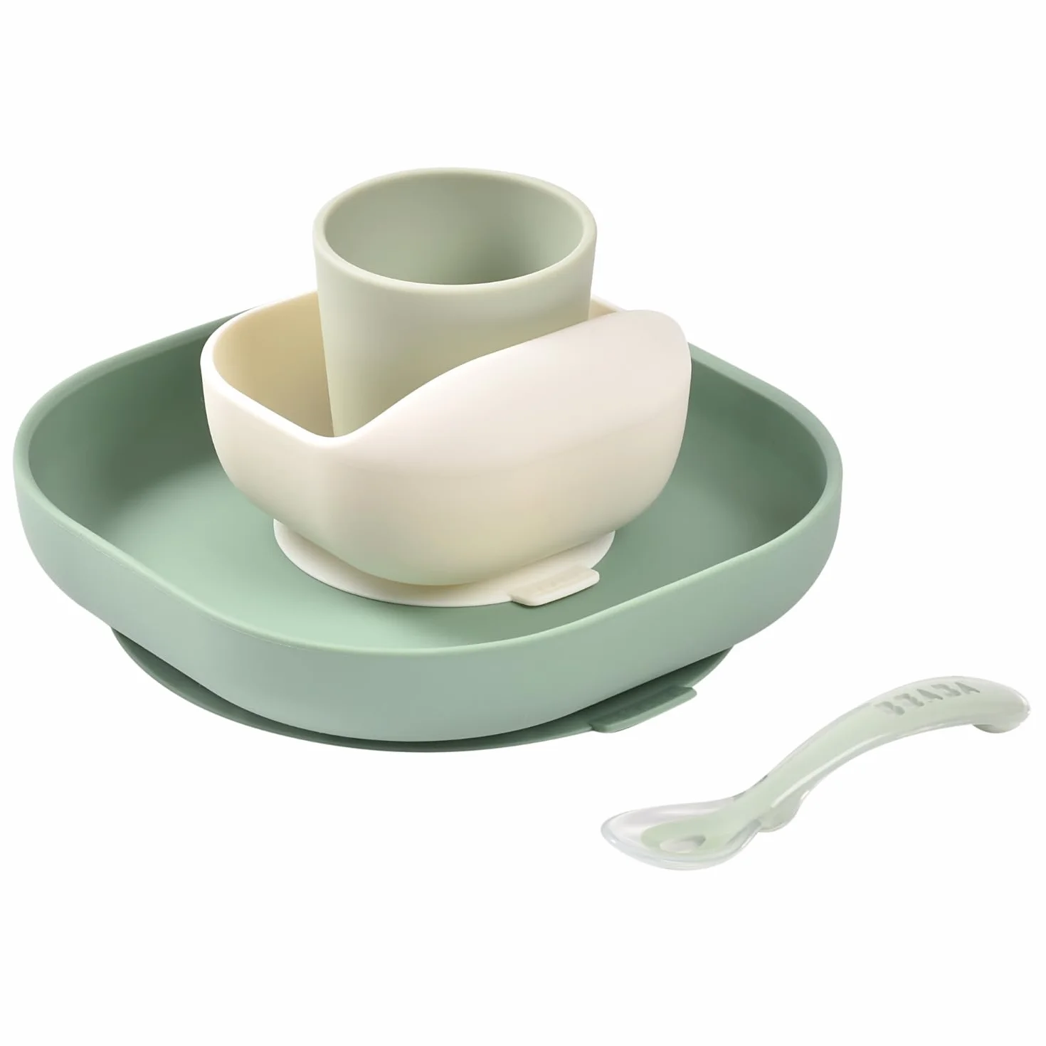 BÉABA Set Vaisselle Silicone Repas Bébé 4 Pièces Assiette Bol Verre Cuillère Vert Sauge