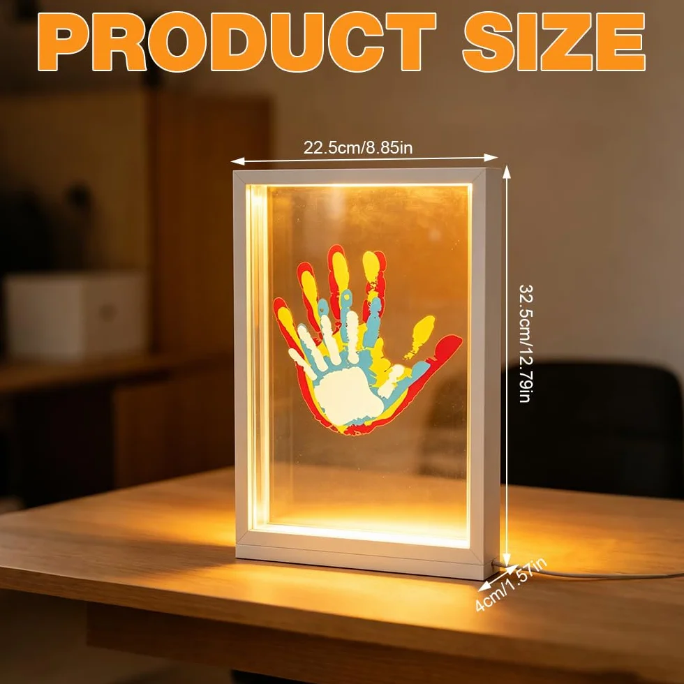 Kit d'Empreintes Familiales avec Veilleuse LED et Pigments - Cadre en Bois pour Bébé, Couples - Cadeau Personnalisé (Blanc)