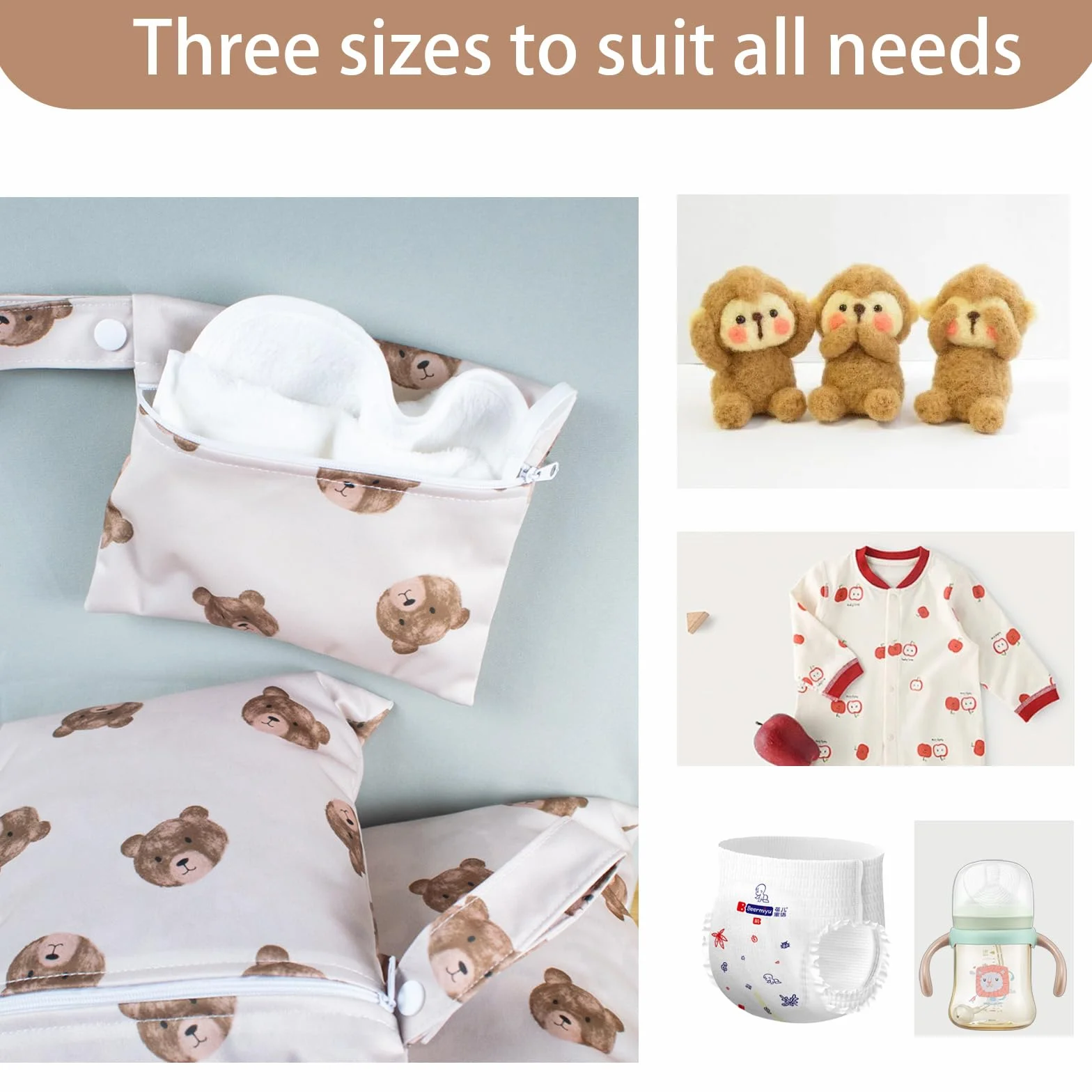Sac à Couches Lavables 3 Pièces, Sac Étanche Réutilisable pour Bébé avec Fermeture Éclair