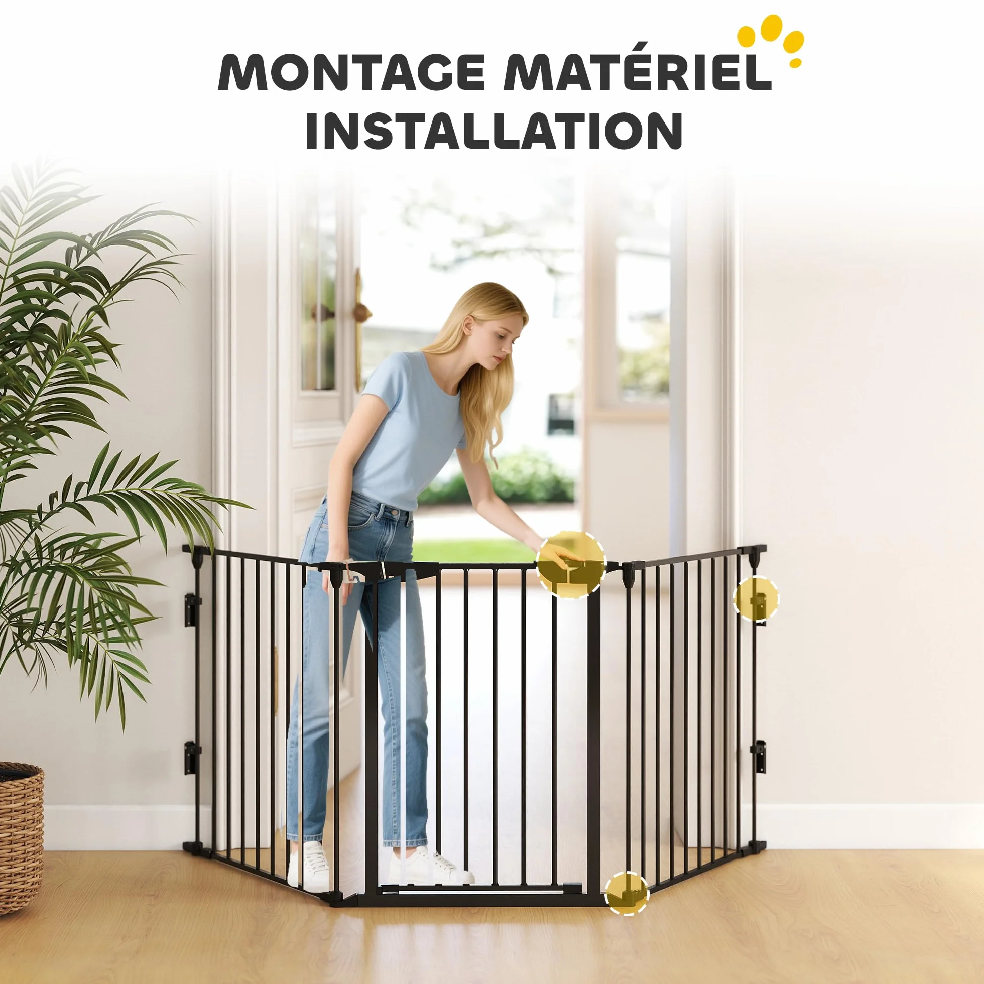PawHut Barrière de sécurité Parc enclos Chien modulable Pliable Porte intégrée 300L x 74,5H cm métal PP Noir