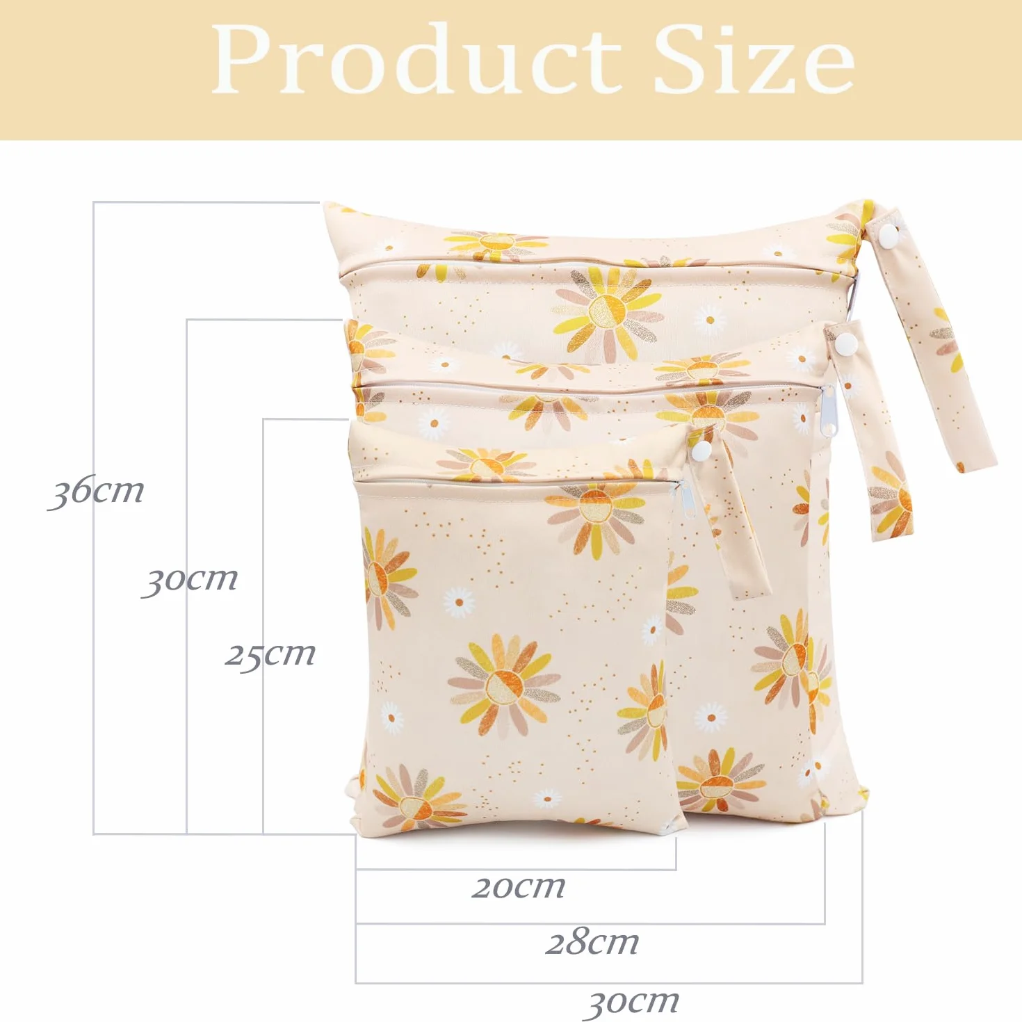 Sac Couches Lavables 3 Pcs Réutilisable Wetbag Sachet Etanche Organisateur de Couche Accrochable (Fleur Jaune)