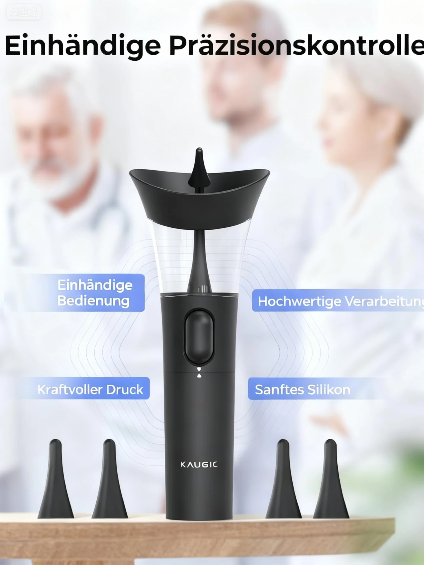 KAUGIC Nettoyeur de Cérumen Manuel avec Pression d'Eau 7m, 4 Embouts Silicone, Réservoir Intégré