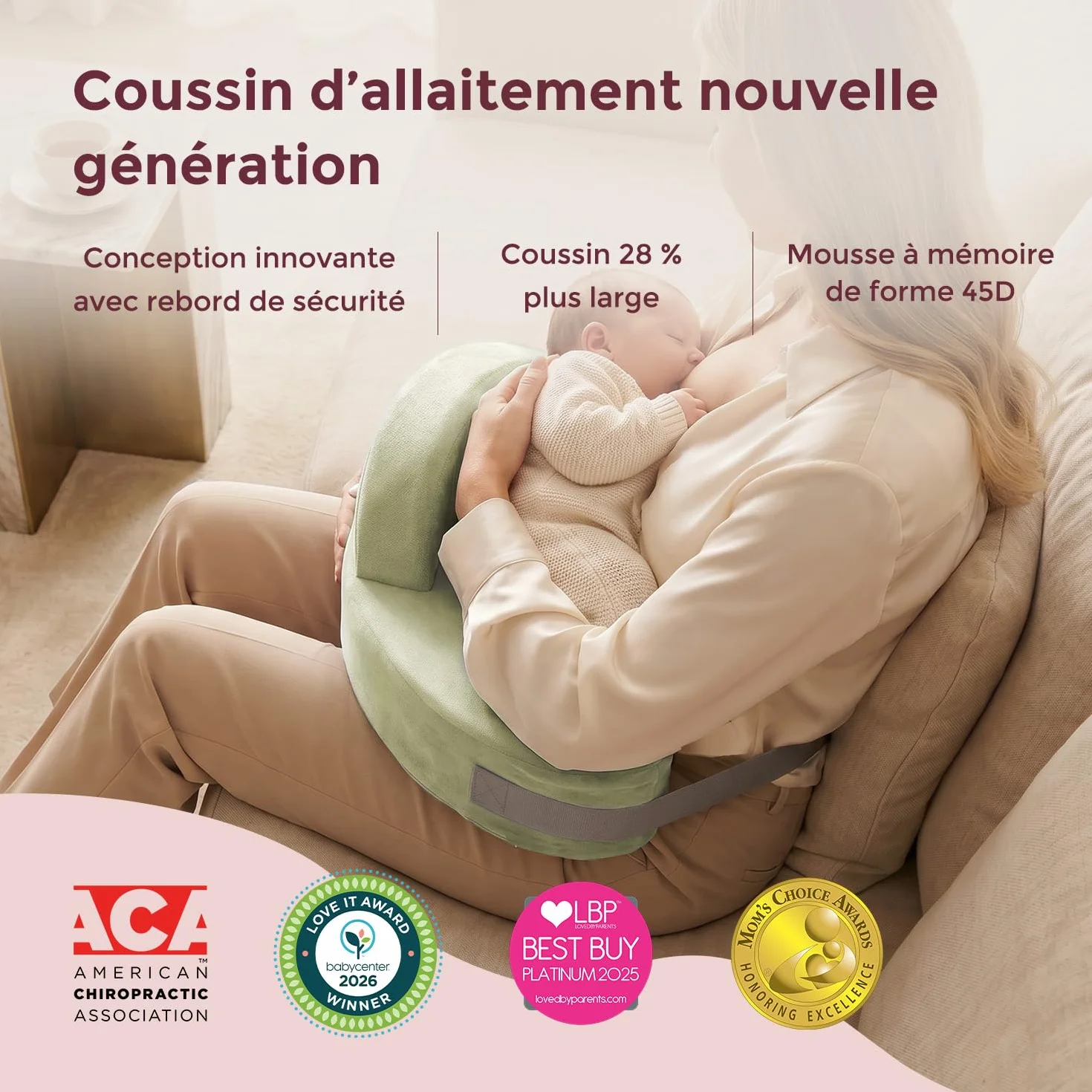 Momcozy Coussin Allaitement Mémoire de Forme Ergonomique, Soutien Large Sangle Réglable, Housse Coton Amovible Vert