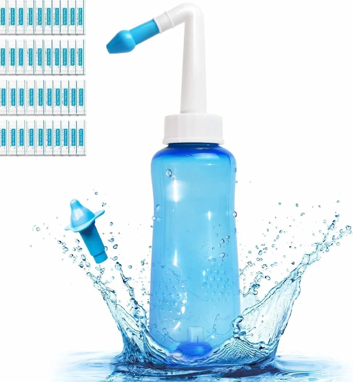 Kit Lavage de Nez 300ml Bouteille 40 Sachets Sel Nasal Douche Nasale Irrigation Sinus Rinse