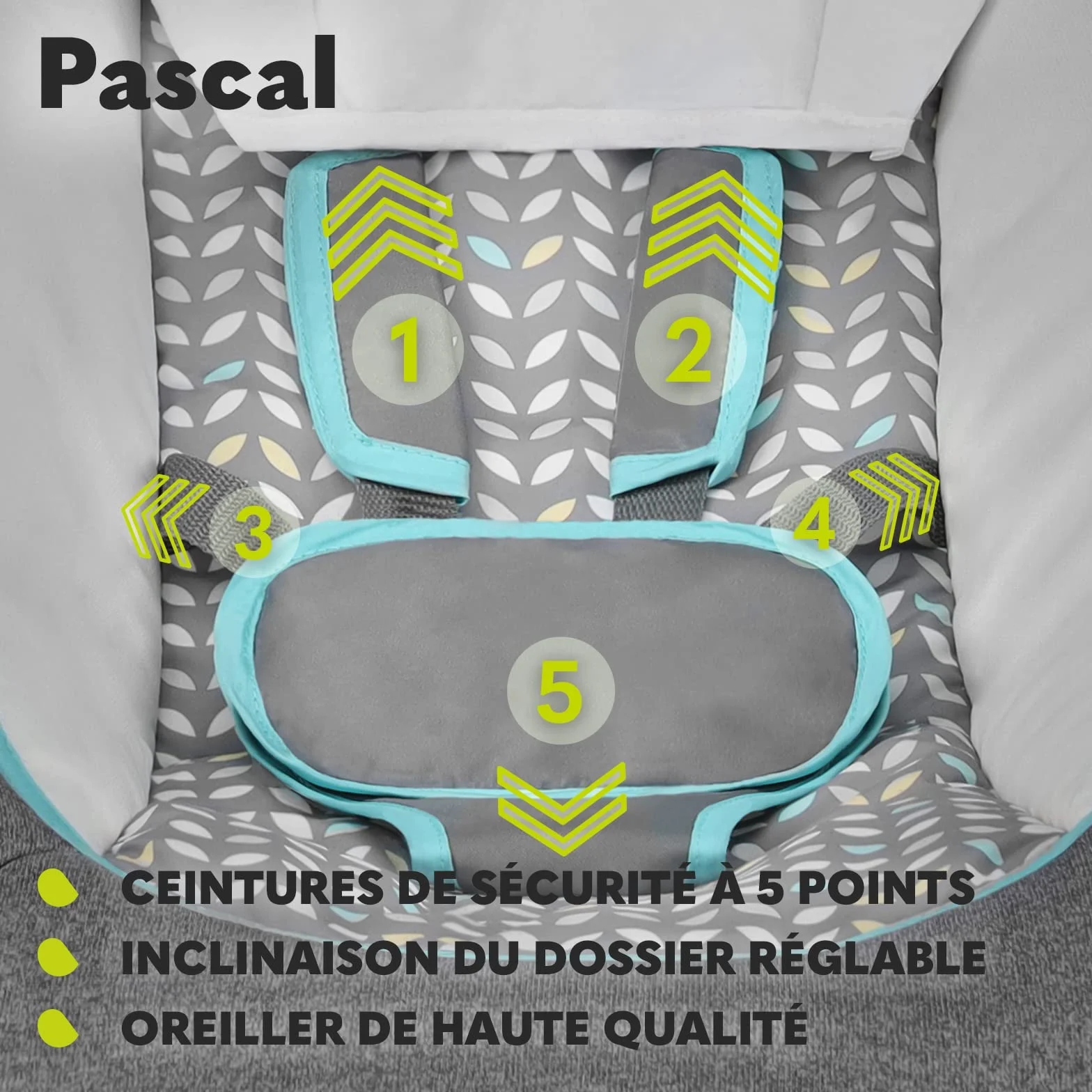 Lionelo Pascal transat bébé vibrations 12 mélodies dossier réglable barre jouets pliage compact