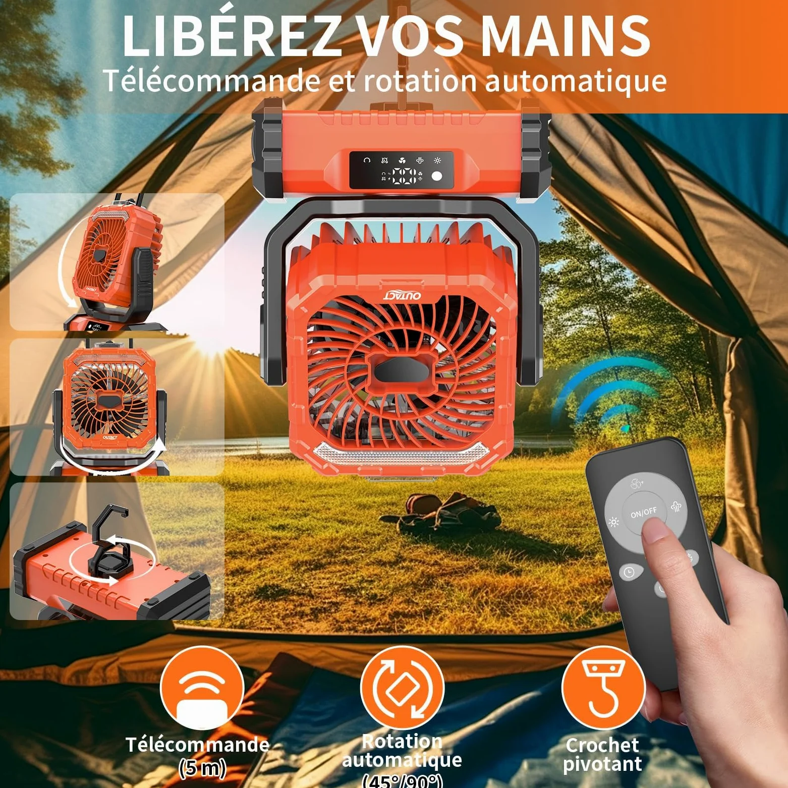 Ventilateur Camping Silencieux avec Lumière, Ventilateur Sans Fil Portable, Mist Fan Batterie Rechargeable 20000mAh avec Rotation et Minuterie, Crochet de Suspension pour Car Extérieur Bureau - Orange | Mist Fan Batterie Rechargeable 20003mAh avec Rotatio