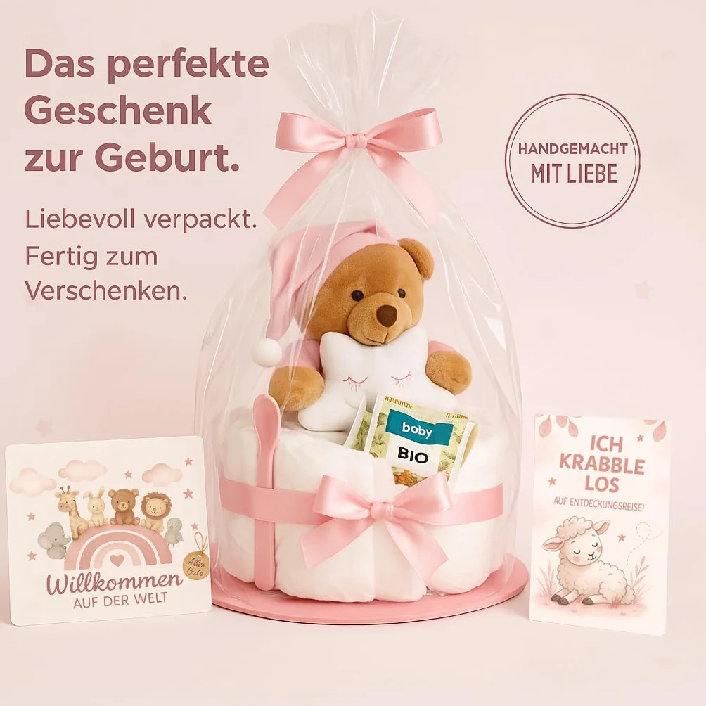 Gâteau de couches pour bébé fille - Rose - Cadeau de naissance et baptême avec doudou