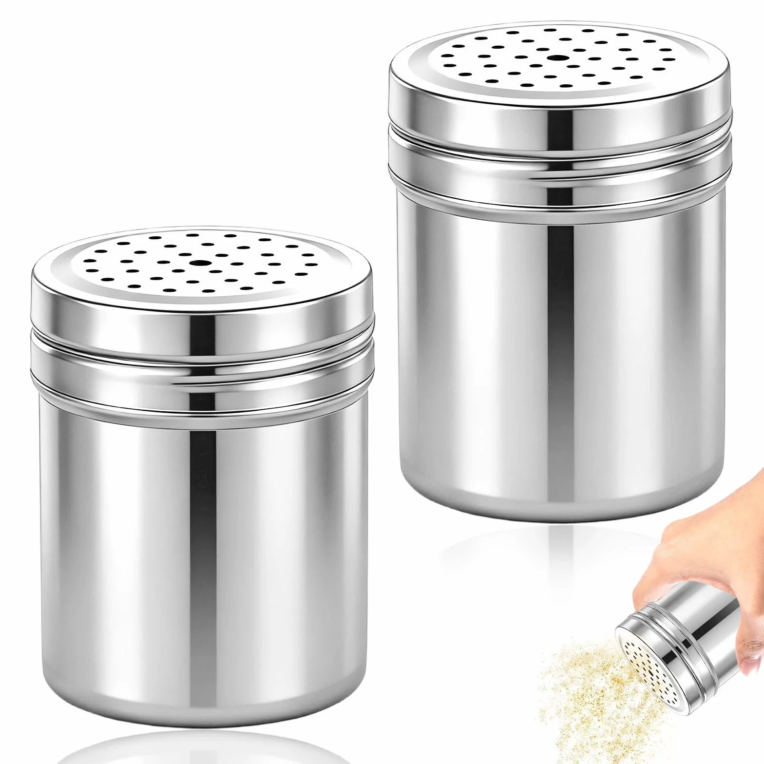 Distributeur d'assaisonnement en acier inoxydable, 2 pièces, saupoudreuse à épices argent, pour sel, cannelle, paprika