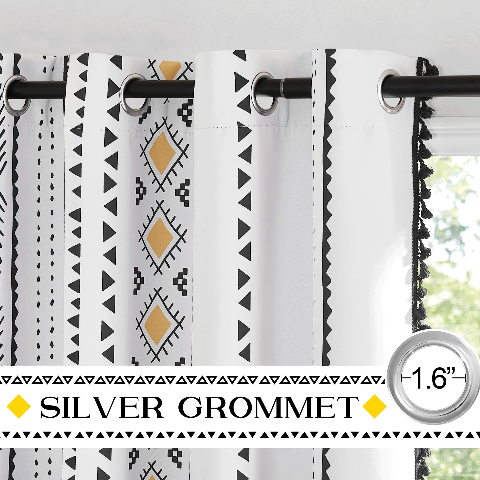 NICETOWN Rideaux occultants en macramé bohème blanc de 213,4 cm de long, 2 panneaux, rideaux à œillets décoratifs jaunes et noirs pour salon, chambre à coucher, 132,1 x 213,4 cm (l x L)