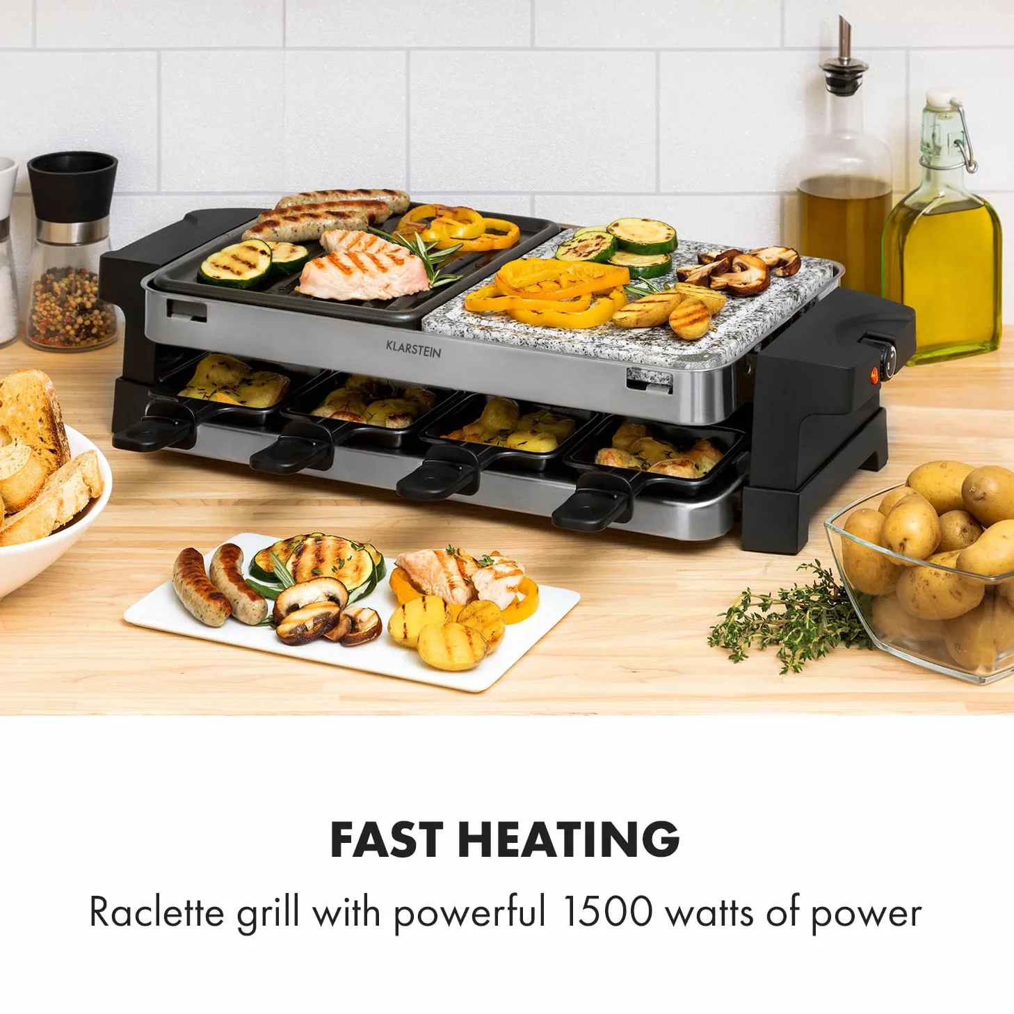 Klarstein Sirloin - Raclette gril 1500W, Pour 8 personnes, Plaque de gril en pierre naturelle, Appareil à Raclette 8 poêlons à raclette antiadhésifs, Gril en aluminium, Thermostat réglable, Argent