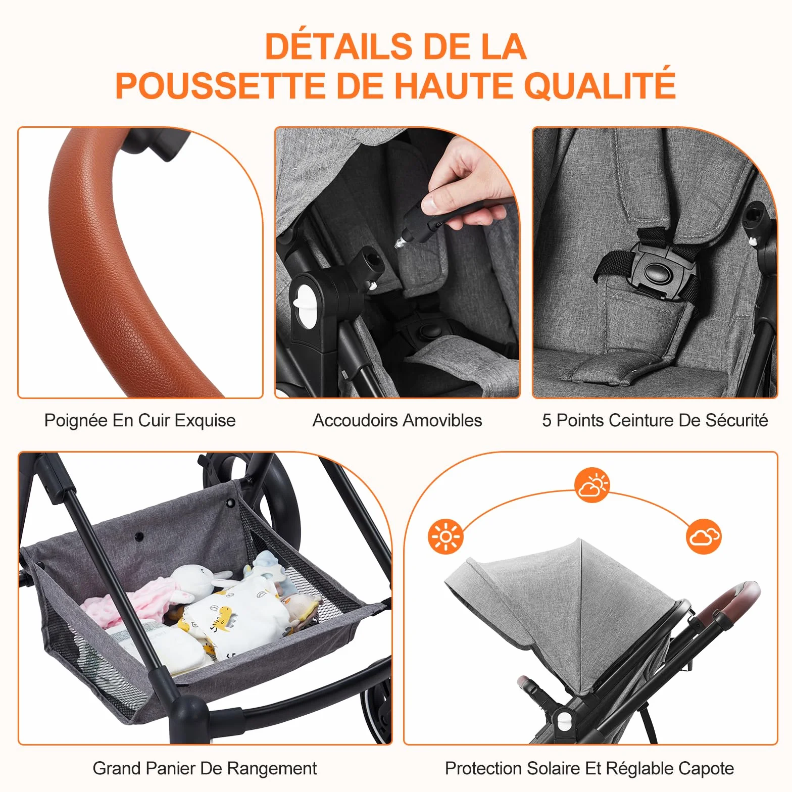 Poussette 2 en 1 Compacte Légère Pliable Siège Inclinable Landau Réglable Tout Terrain 0-3 Ans