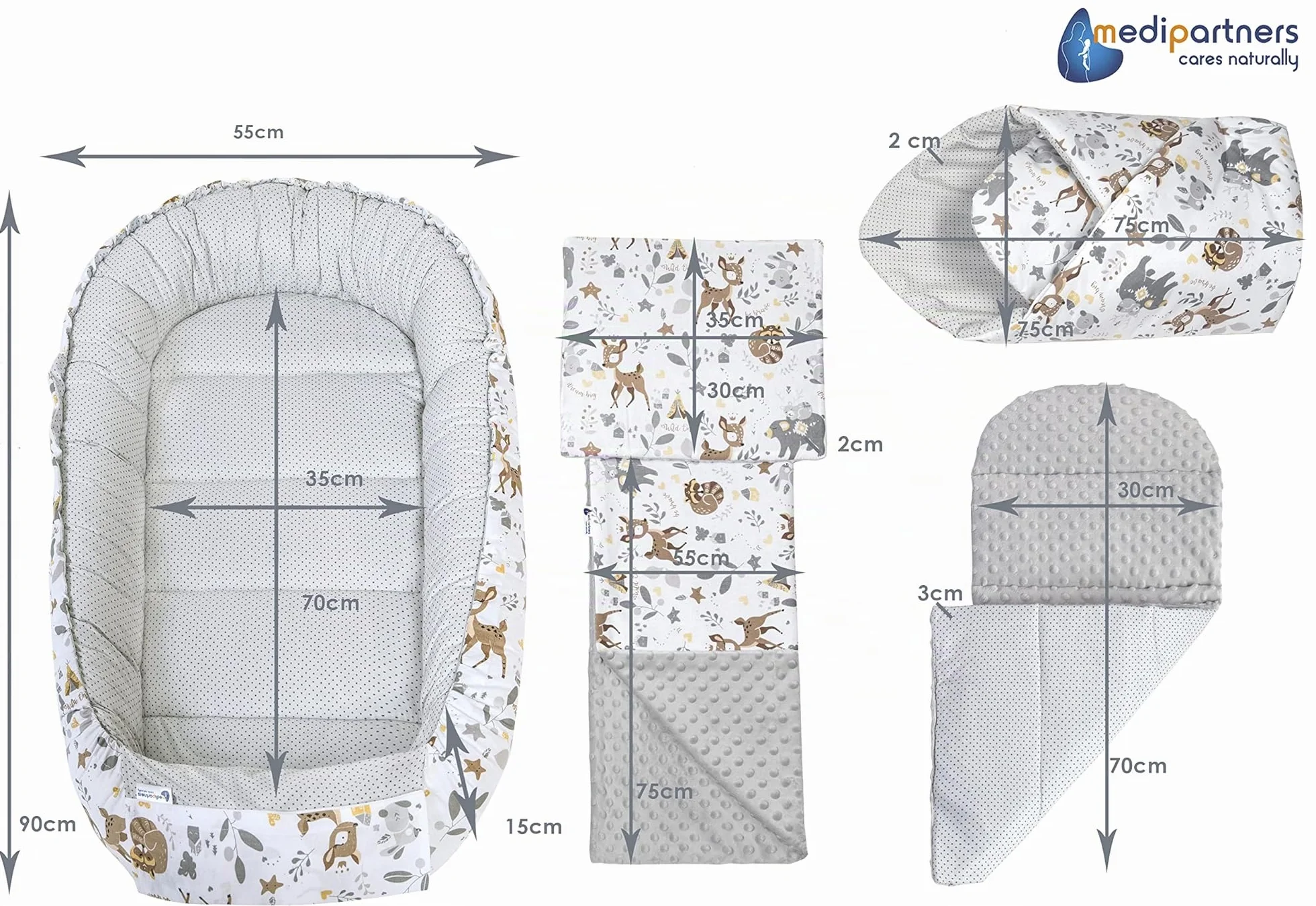 Réducteur de Lit Bébé 100x60x15cm 5 Éléments Cocon Naissance Nid d'Ange Bilatéral Cale 100% Coton Minky Cerf Gris