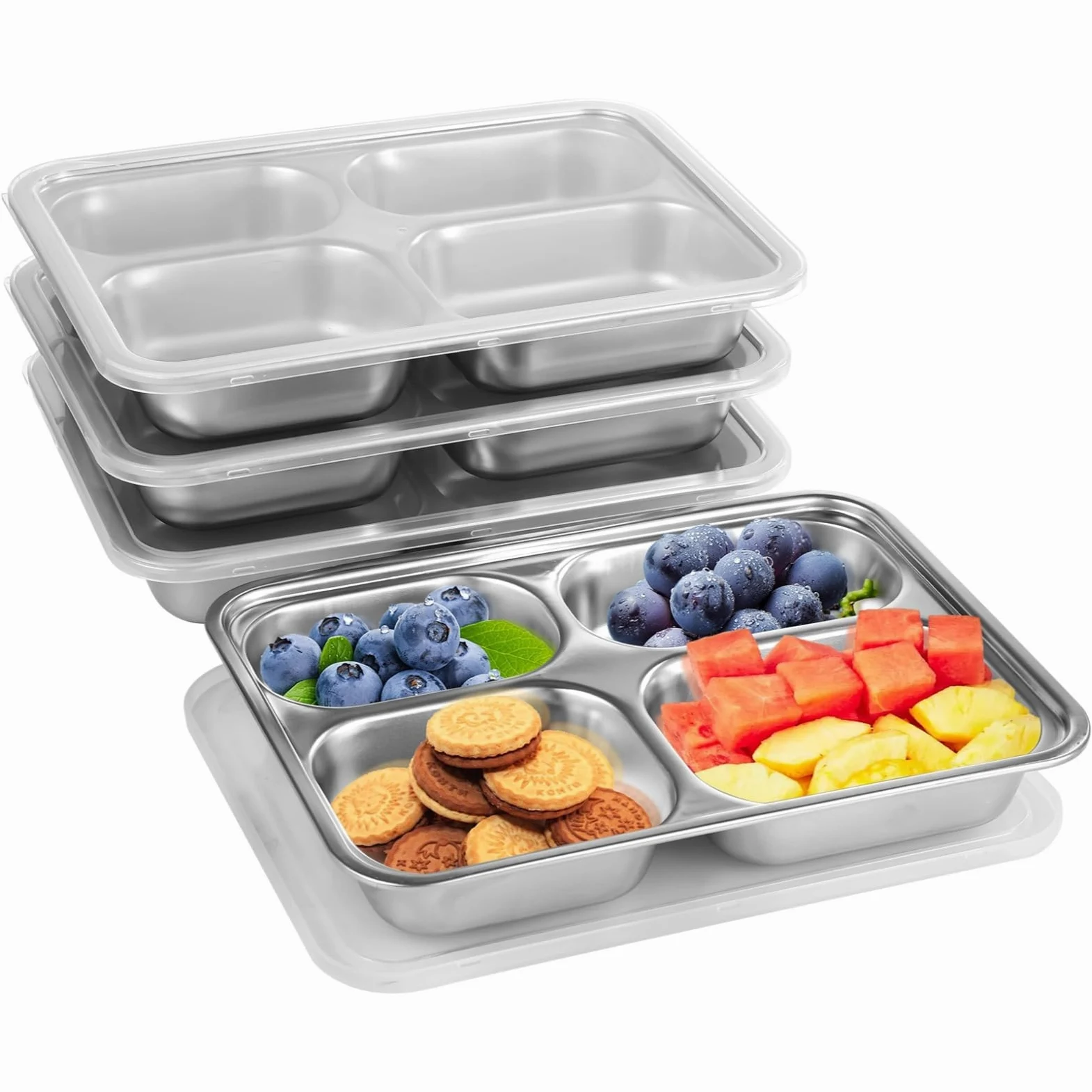 Lot de 4 boîtes à bento en acier inoxydable avec couvercles pour enfants et adultes, plateaux à déjeuner réutilisables