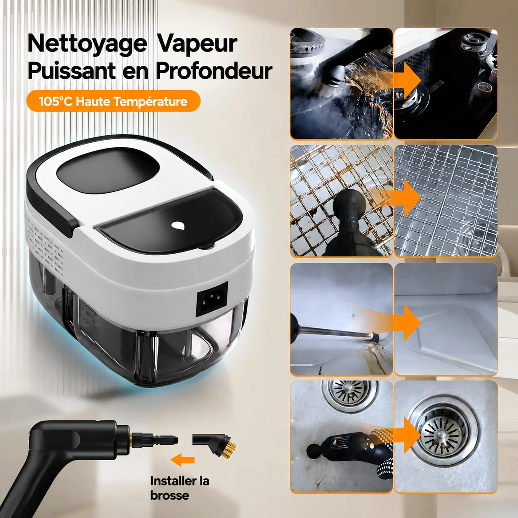 Nettoyeur Vapeur Portatif 1600ml, Steamer Multi-usage avec Poignée Réglable 3 Niveaux