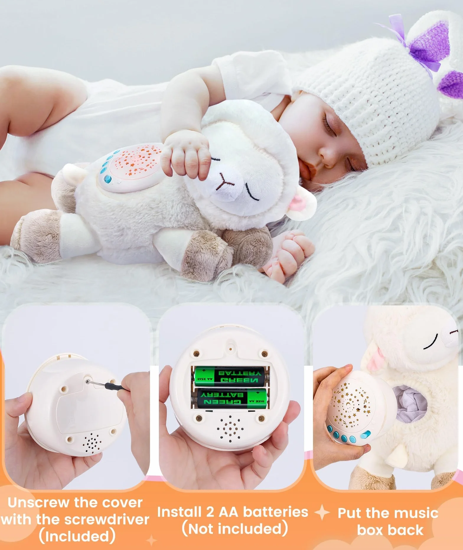 Dreamegg 3-en-1 Jouet Peluche Musical Mouton pour Bébé Sommeil, Veilleuse Bruit Blanc 7 Sons Apaisants, Projecteur Starlight 3 Modèles