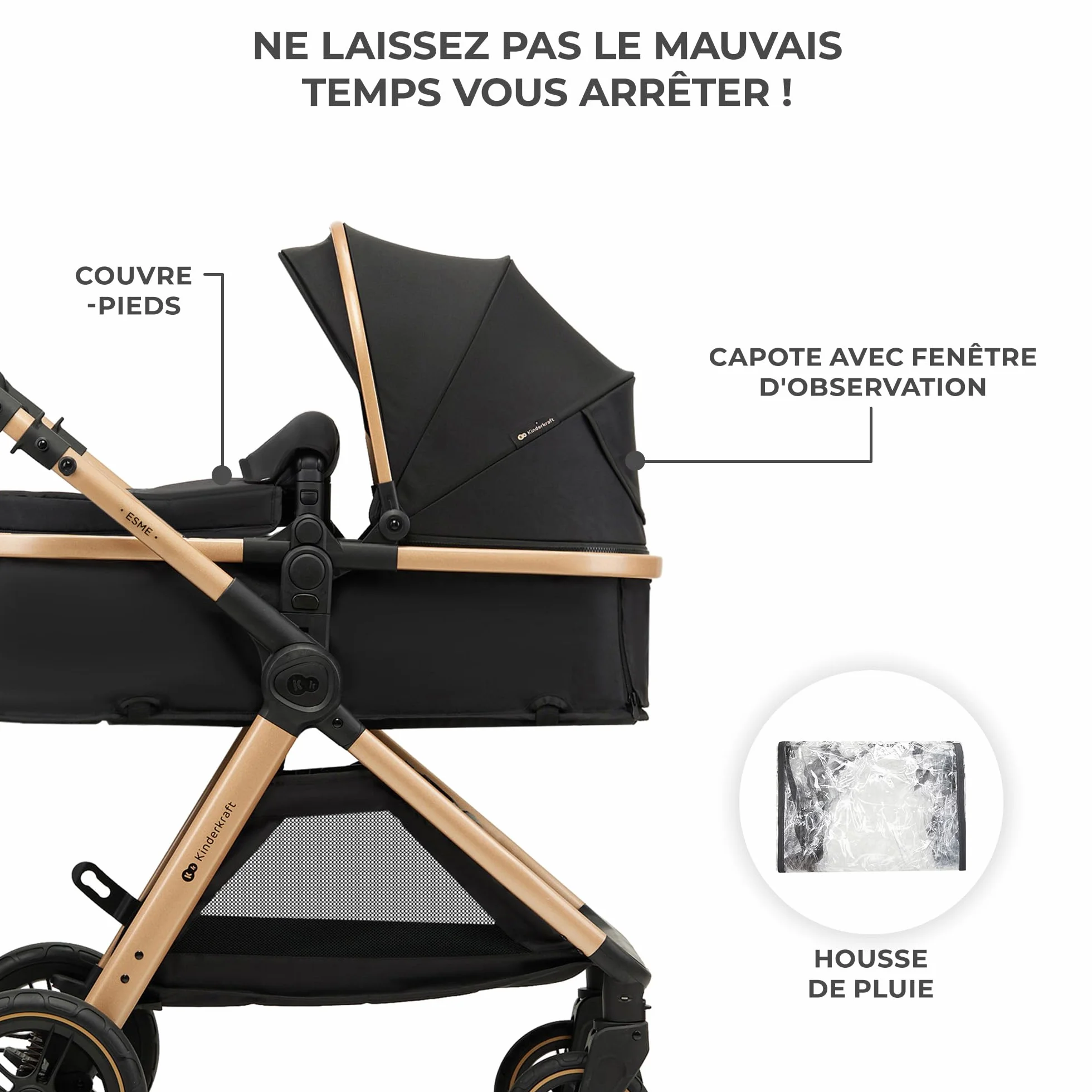 Kinderkraft ESME Poussette 3 en 1 avec porte-bébé Mink PRO I-Size, système de voyage, Noir