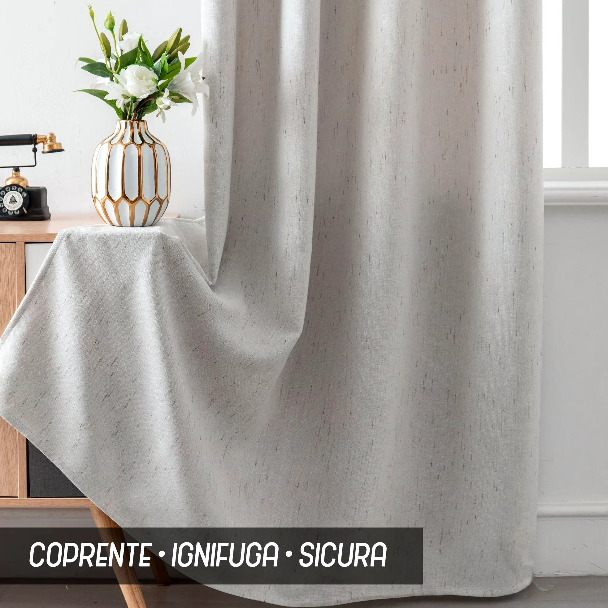 GIRASOLE HOME Paire de rideaux Pantelleria semi-opaques, anti-flamme, motif à rayures, tissu ignifuge certifié, 2 panneaux de 140x260cm avec œillets, gris clair