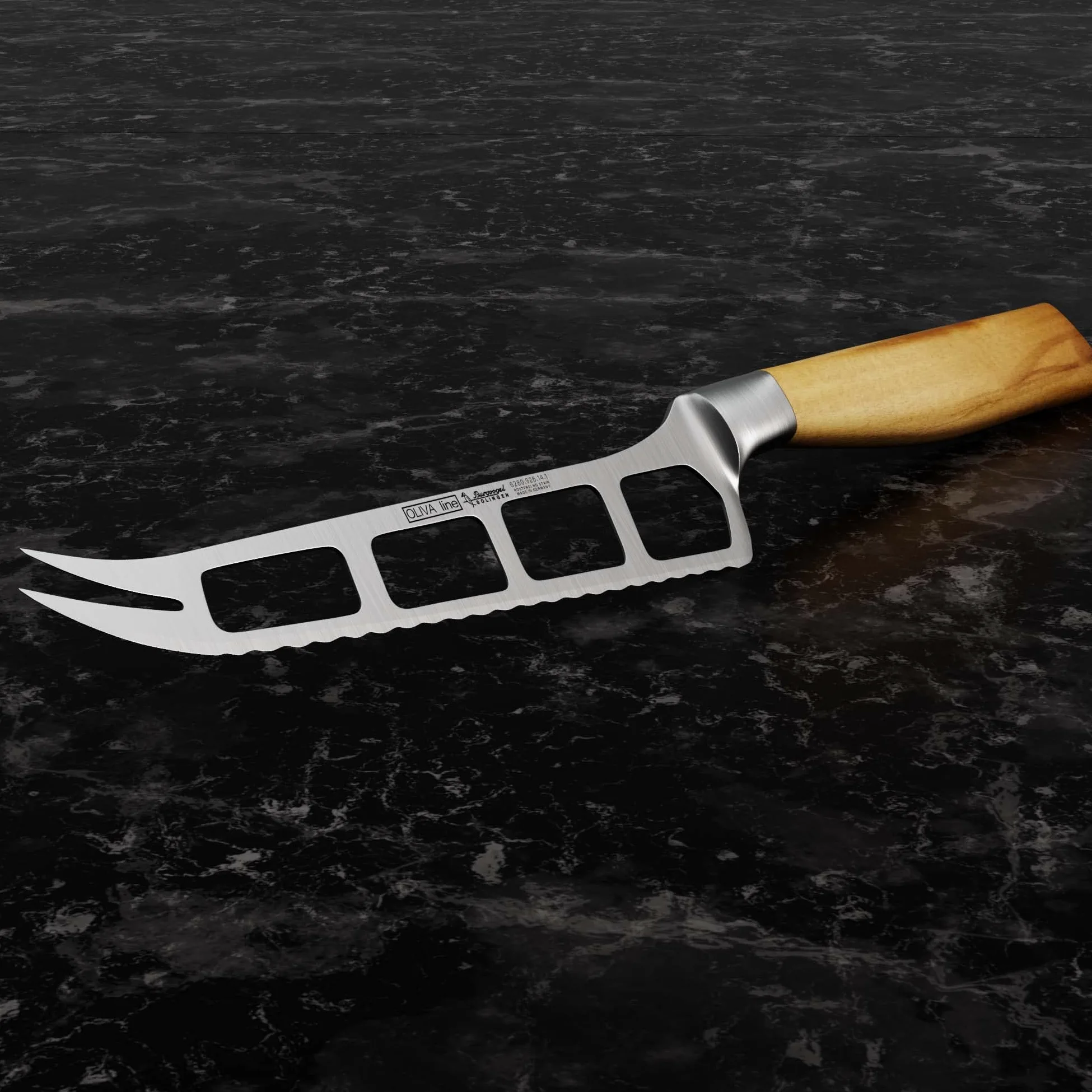 Burgvogel Solingen Couteau à Fromage 14 cm forgé Bois d'olivier, Oliva Line, Bord dentelé, Inoxydable, Brillant, Tranchant