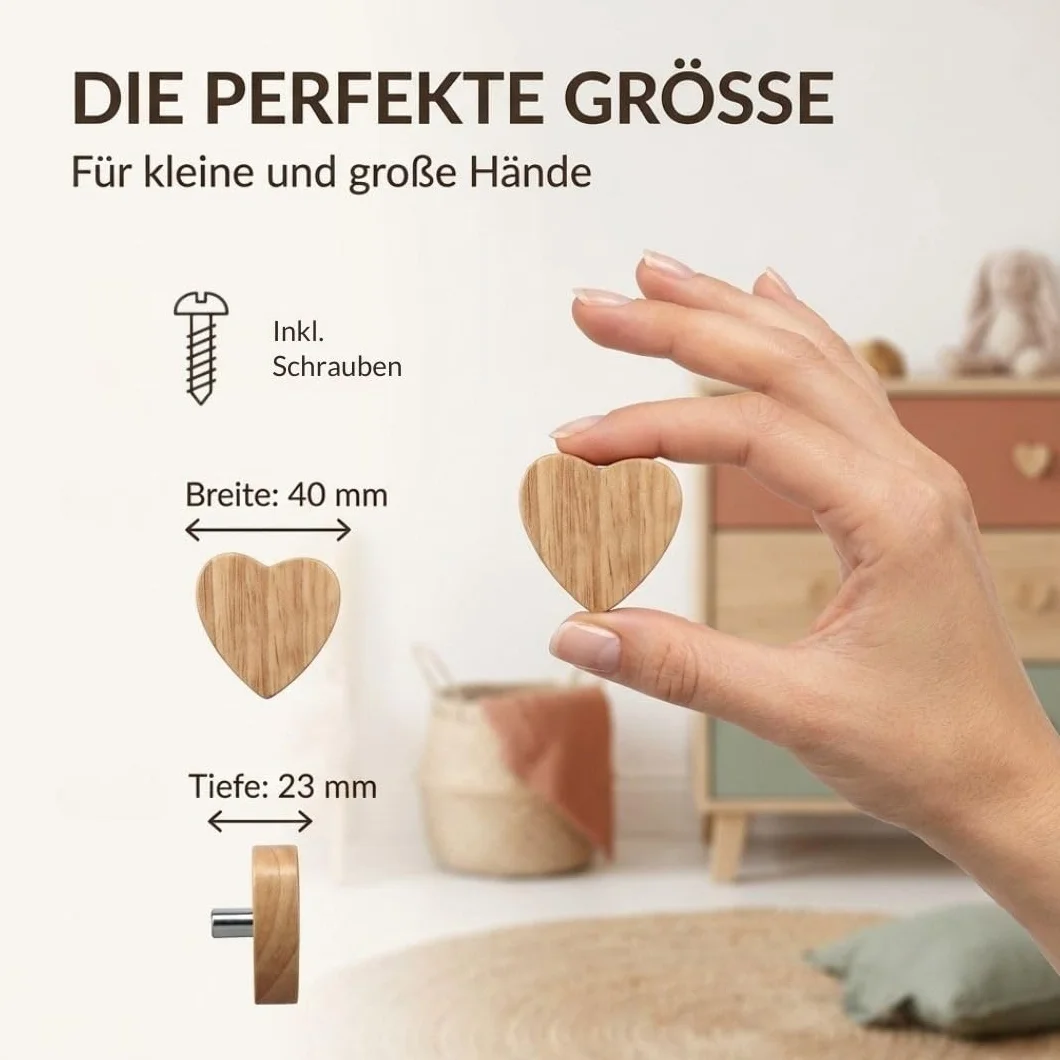 Lot de 12 boutons de meuble en bois en forme de cœur pour commodes