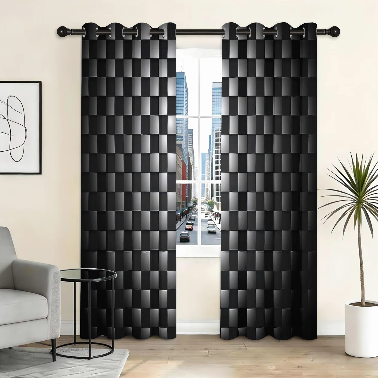 CozyRest Rideaux occultants Style technologique 280 x 245 cm, Motif Carreaux Noir Gris Géométrique Rideaux à œillets pour Chambre d'enfant Décoration de fenêtre Isolation Thermique (2 Panneaux)