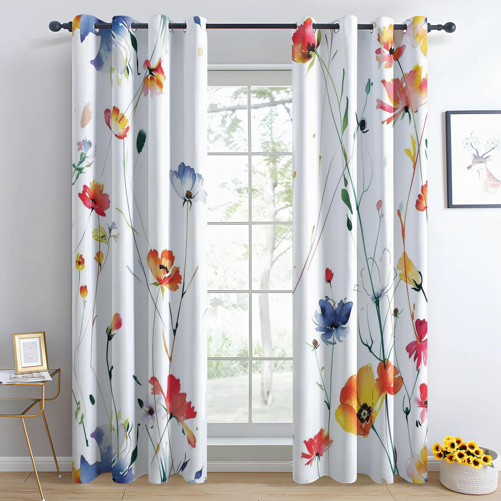 Rideau Occultant Aquarelle Fleur, Rideaux Thermiques à Oeillets pour Chambre, Motif Plante Floral Rideaux Salon, Moderne Lot de 2 Décoration de Fenêtre Rideaux 140x160cm LxH (Wx-&91)