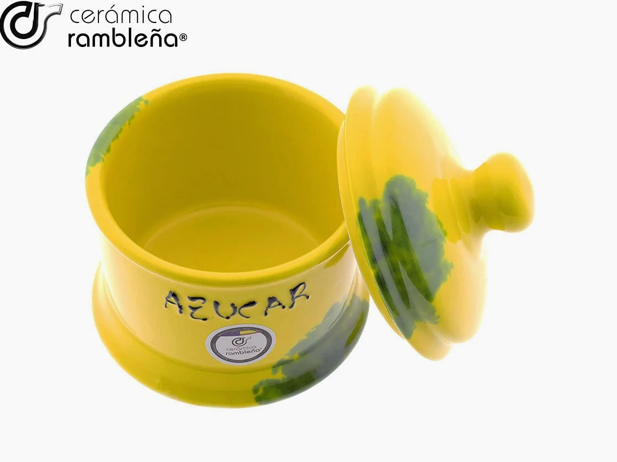 Carafe en céramique - Sucrier rustique céramique - Sucrier de cuisine jaune décoré - Modèle 01 - 100 % décoré à la main - 13 x 13 x 14 cm