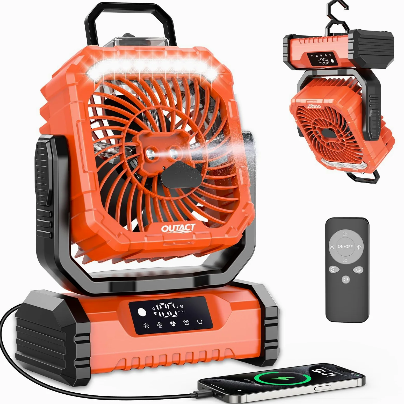 Ventilateur Camping Silencieux avec Lumière, Ventilateur Sans Fil Portable, Mist Fan Batterie Rechargeable 20000mAh avec Rotation et Minuterie, Crochet de Suspension pour Car Extérieur Bureau - Orange | Mist Fan Batterie Rechargeable 20003mAh avec Rotatio