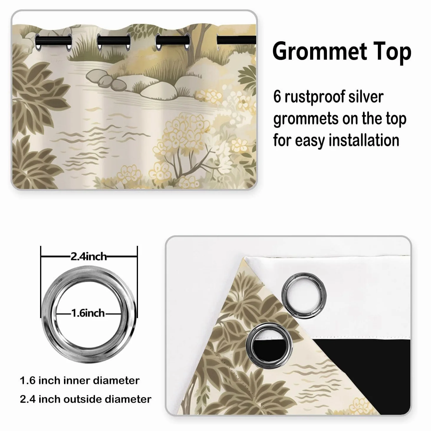 Rideau Occultants Paysage De Jardin Japonais Beige 140X160 Cm (Lxh) | Rideau Opaque Thermiques Plantes Élégantes Rivières Pour Chambre D'Enfant, Lot De 2 Draperies Intérieurs À Oeillets