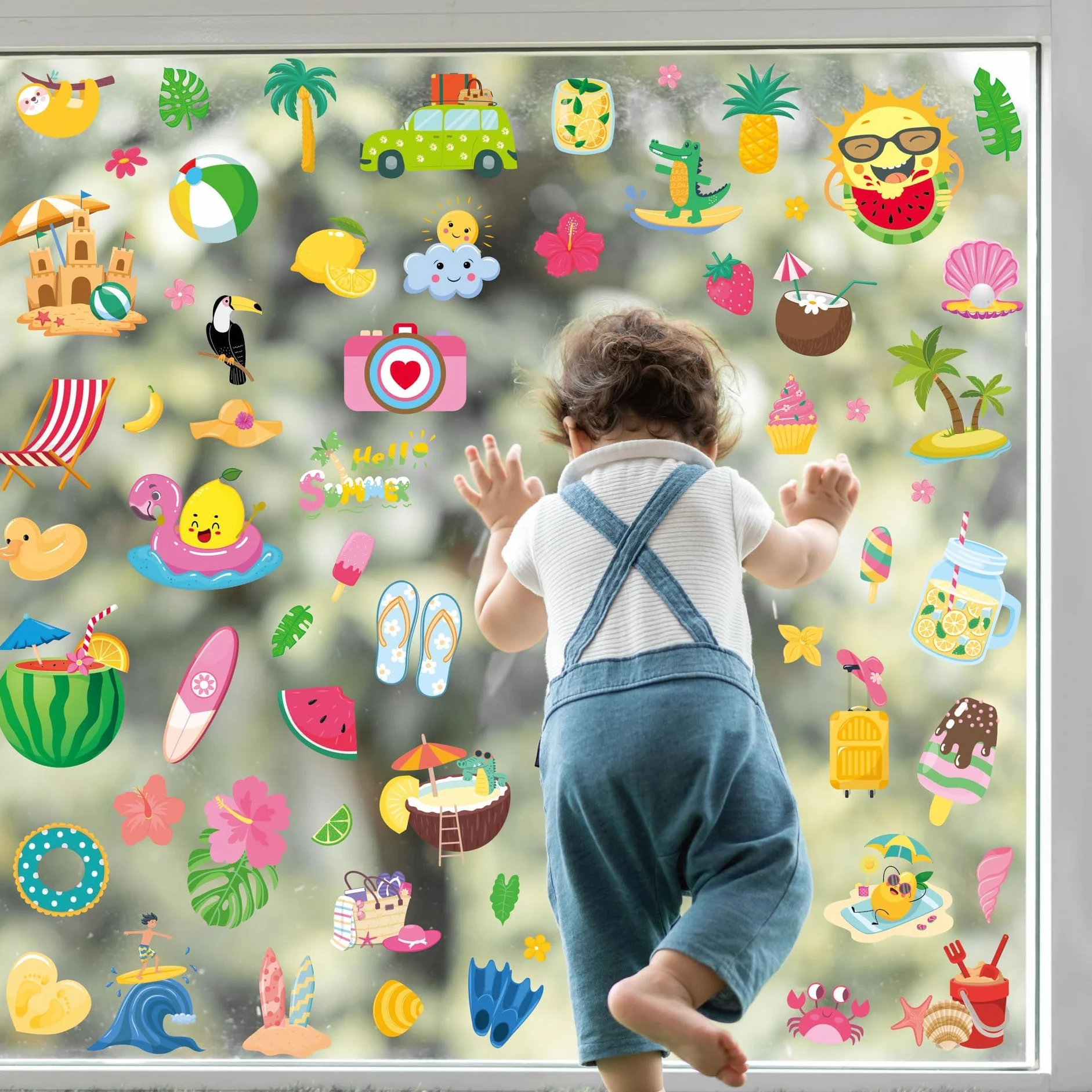 Deco Stickers Fenêtre Été Réutilisables Autocollants 63 Design Soleil Chaises Plage Bouées