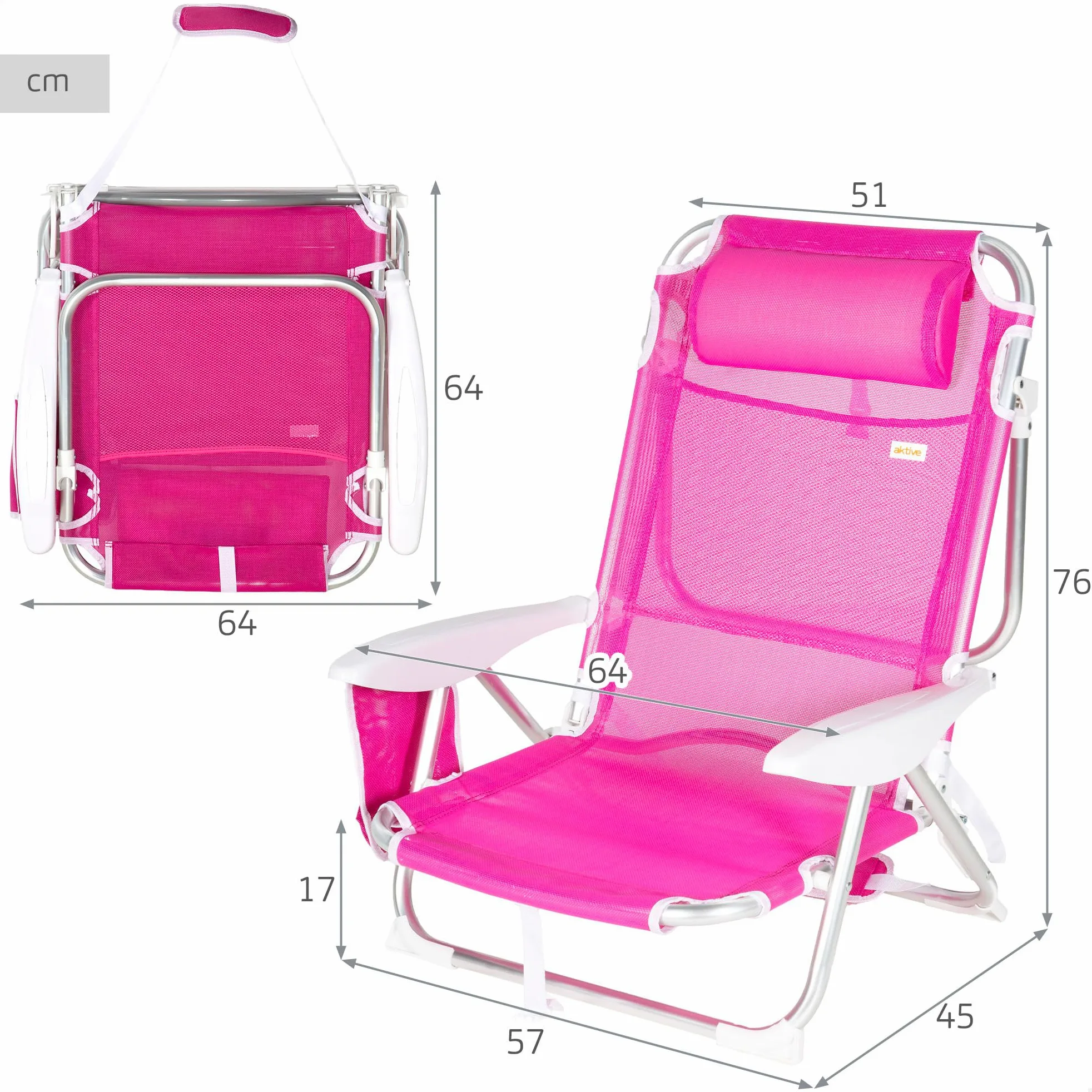 AKTIVE Chaise de Plage Pliable, Fuchsia, textilène et Aluminium, 51 x 45 x 76 cm, 4 Positions, Dossier Haut, 110 kg