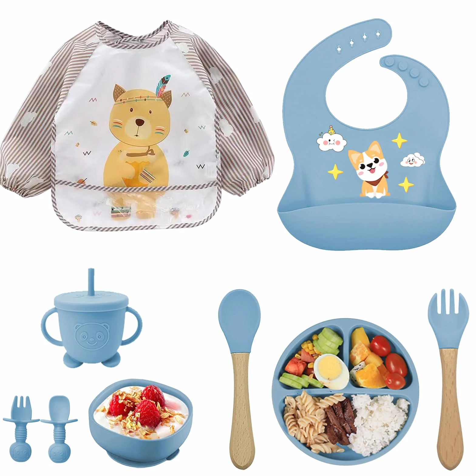 Ensemble repas bébé 9 pièces – Assiette et bol ventouse silicone, couverts, tasse d’apprentissage, bavoir & tablier – Set DME diversification alimentaire anti-renversement